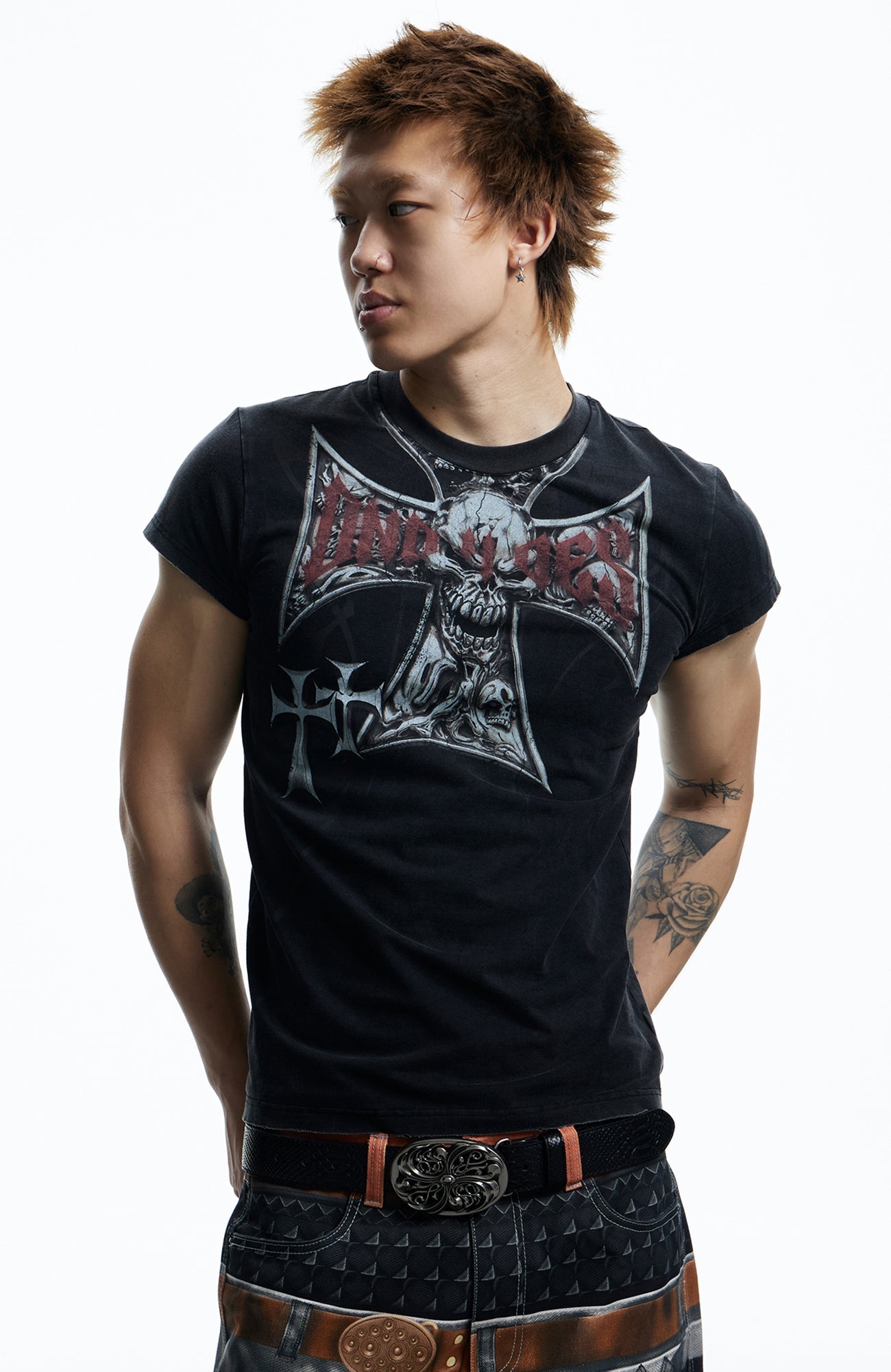 DND4DES Gothic Skull Cross Graphic T-Shirt-T Shirt-S (Preorder)-Black-Free Shipping Leatheretro