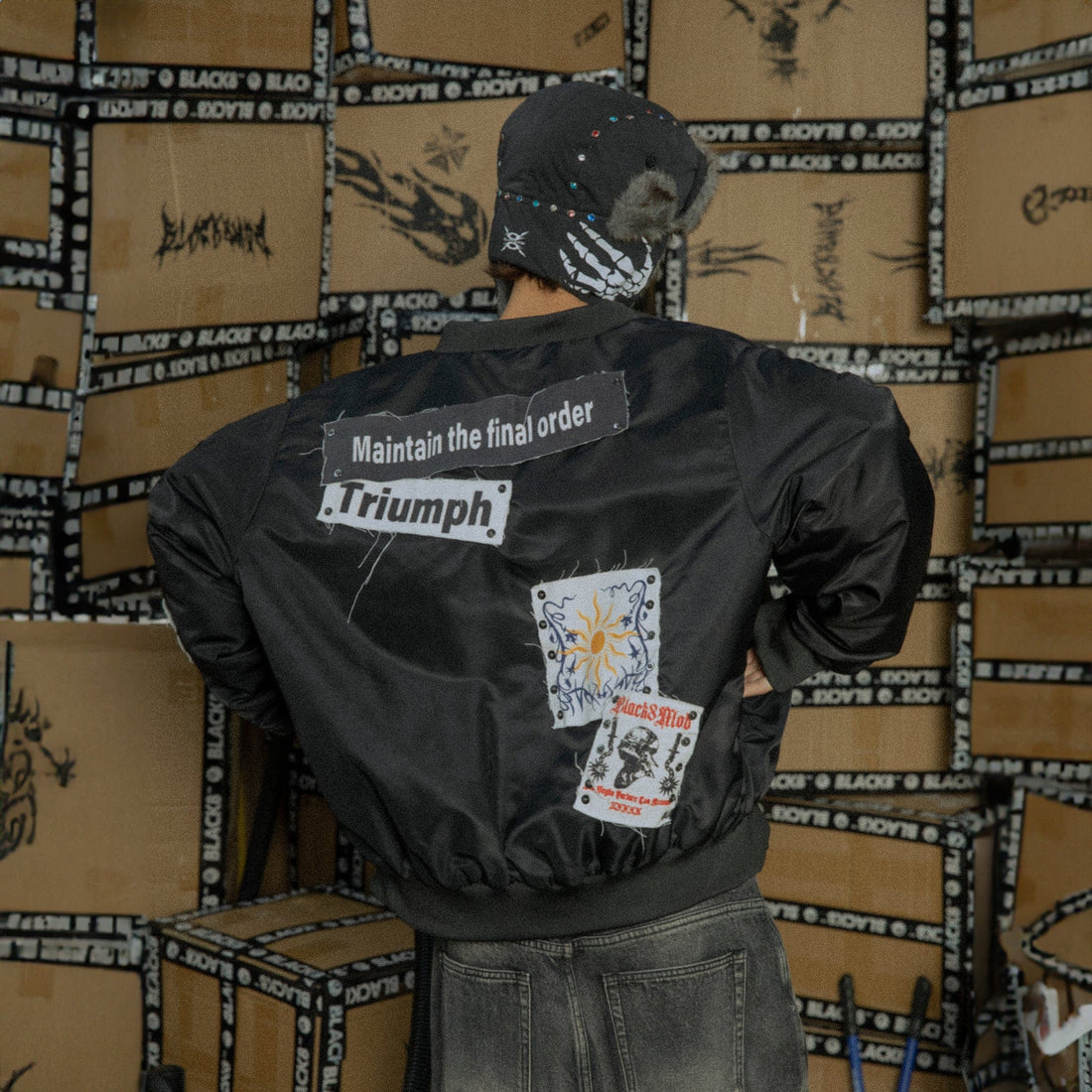 BLACK8MOB Studded Patchwork Bomber Jacket-Jacket-S-Free Shipping Leatheretro