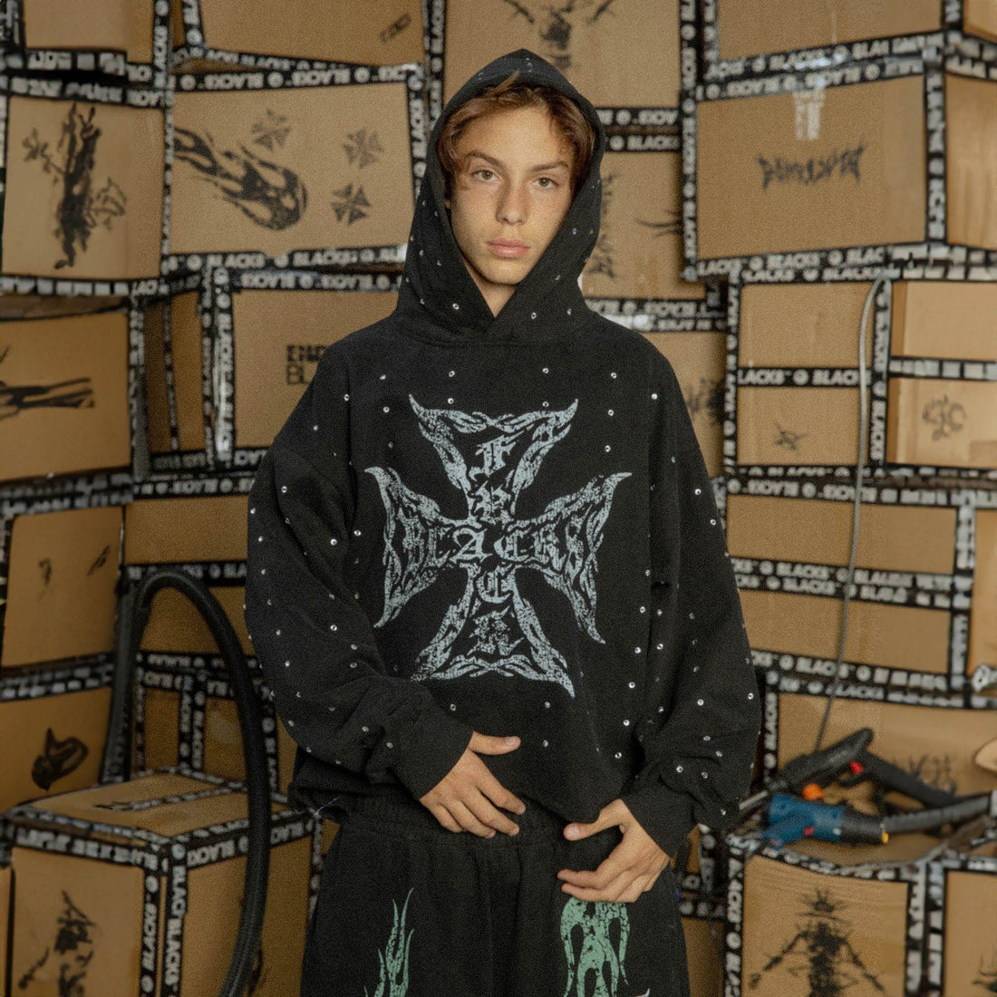 BLACK8MOB Full Studded Cross Hoodie-Hoodie-S-Free Shipping Leatheretro