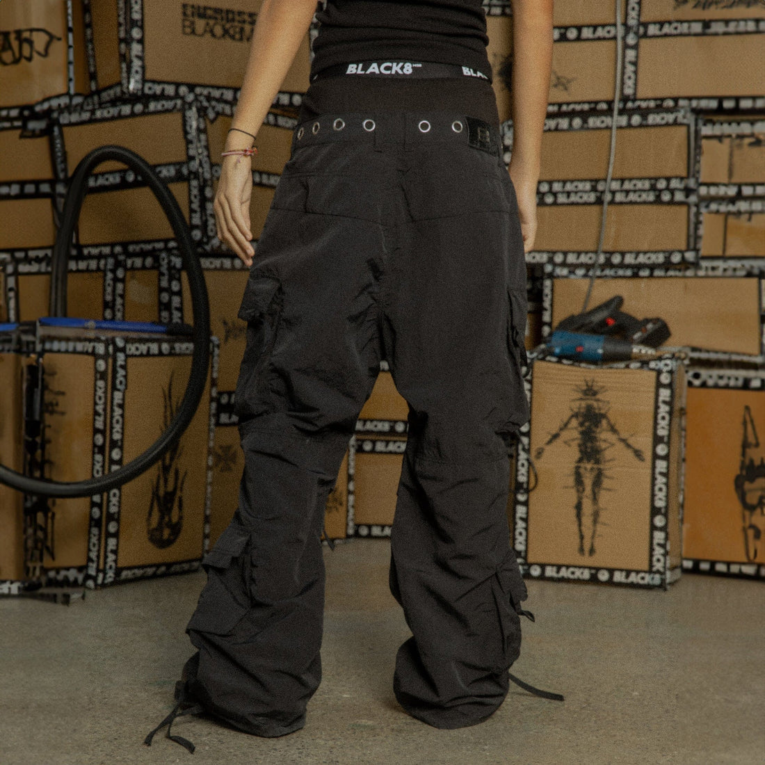 BLACK8MOB Eyelet Waist Tie Multi-Pocket Parachute Pants-Pants-S-Free Shipping Leatheretro