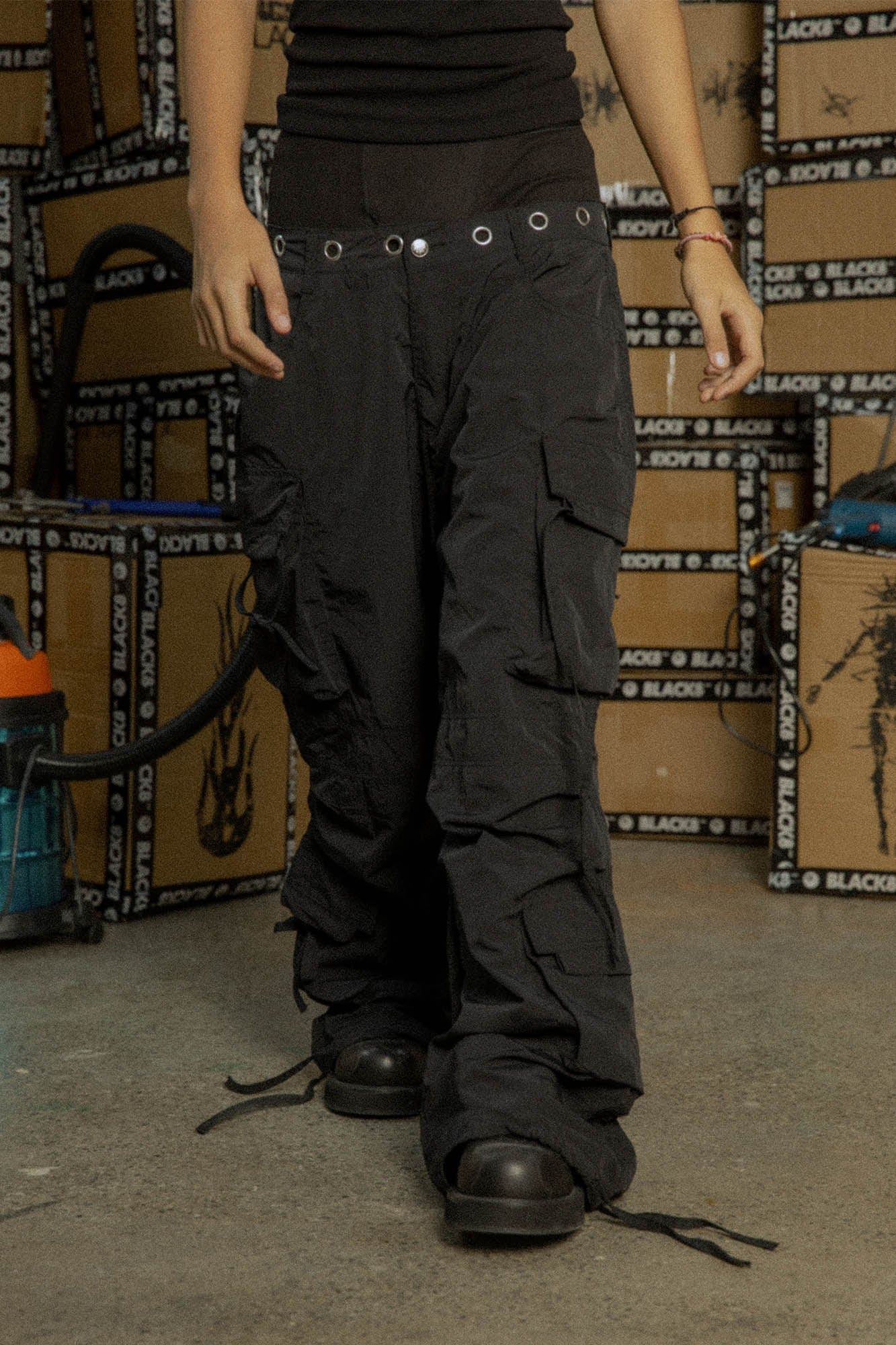 BLACK8MOB Eyelet Waist Tie Multi-Pocket Parachute Pants-Pants-S-Free Shipping Leatheretro