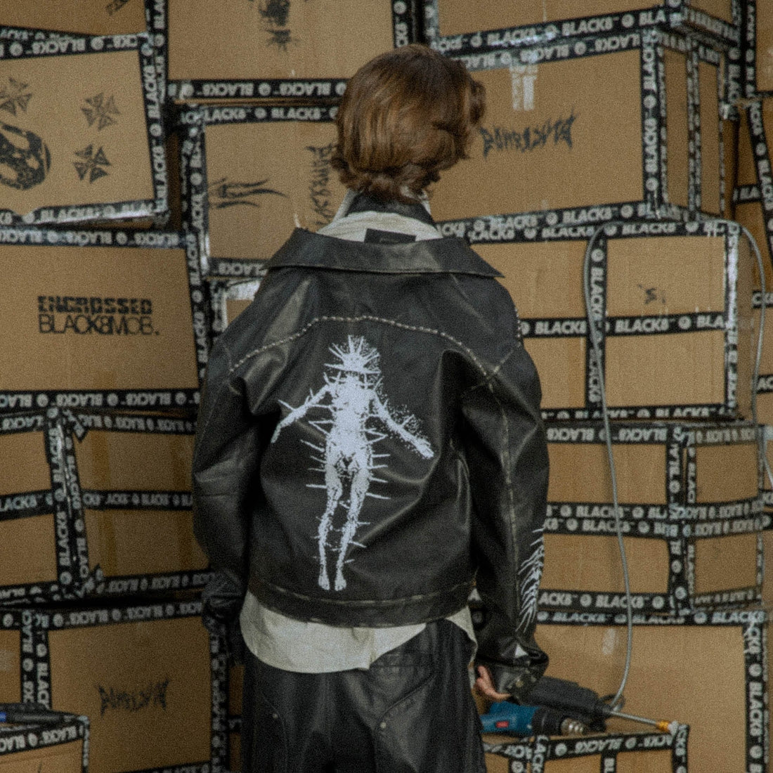 BLACK8MOB Distressed Graphics Faded Studded Leather Jacket-Jacket-S-Free Shipping Leatheretro