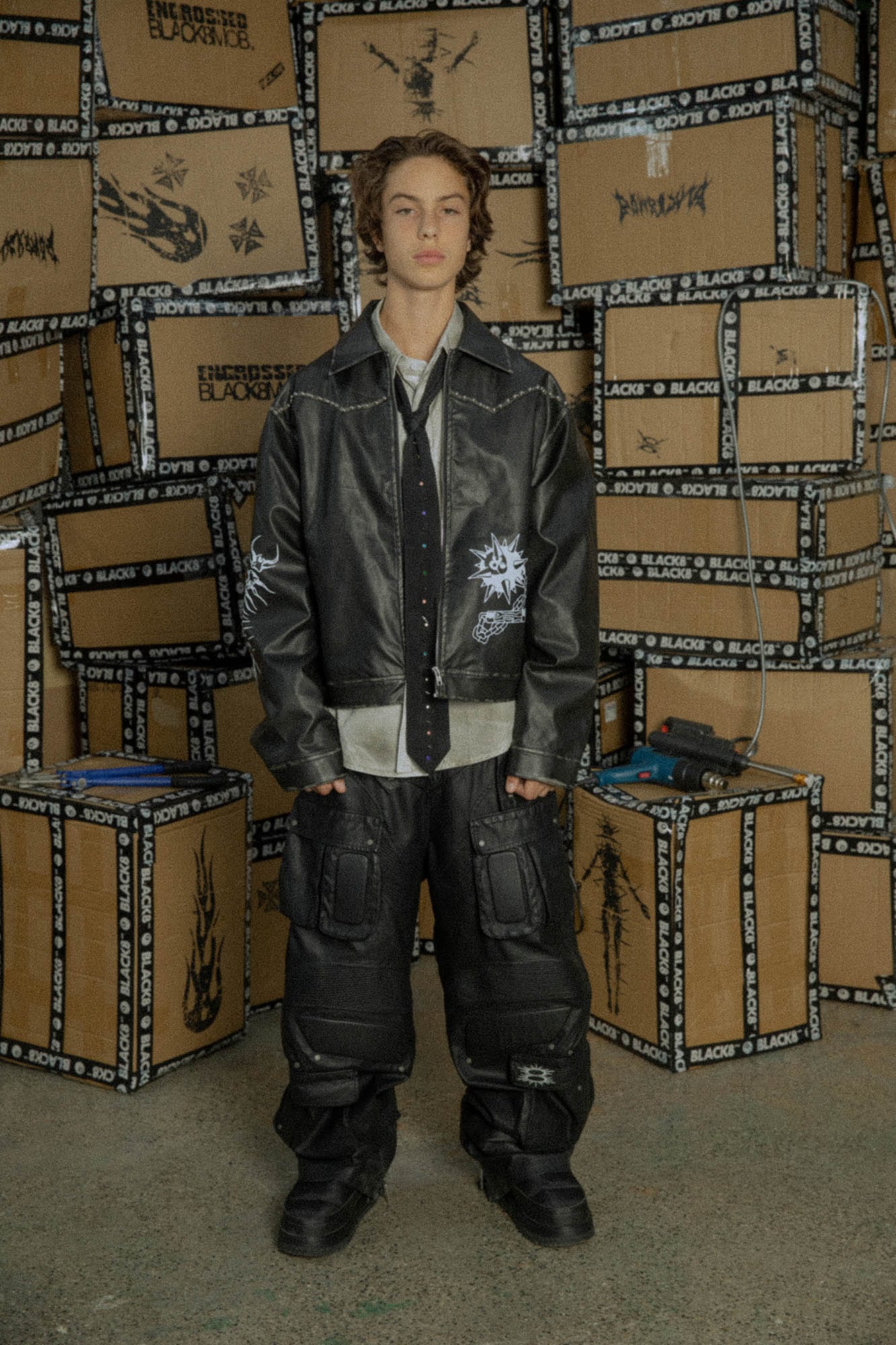 BLACK8MOB Distressed Graphics Faded Studded Leather Jacket-Jacket-S-Free Shipping Leatheretro