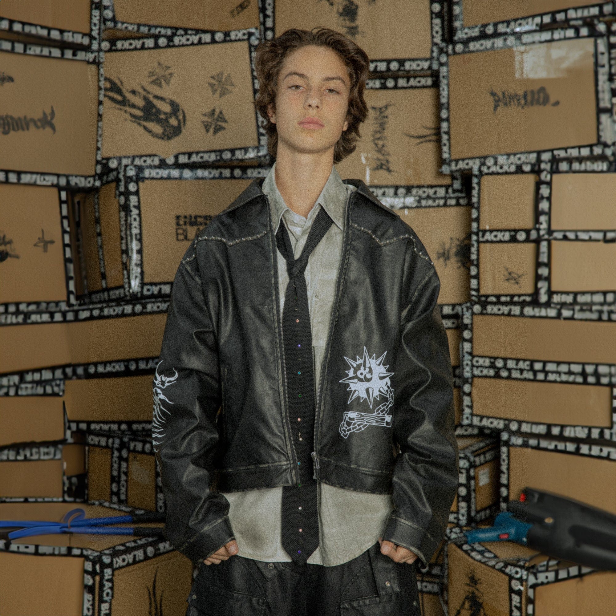 BLACK8MOB Distressed Graphics Faded Studded Leather Jacket-Jacket-S-Free Shipping Leatheretro