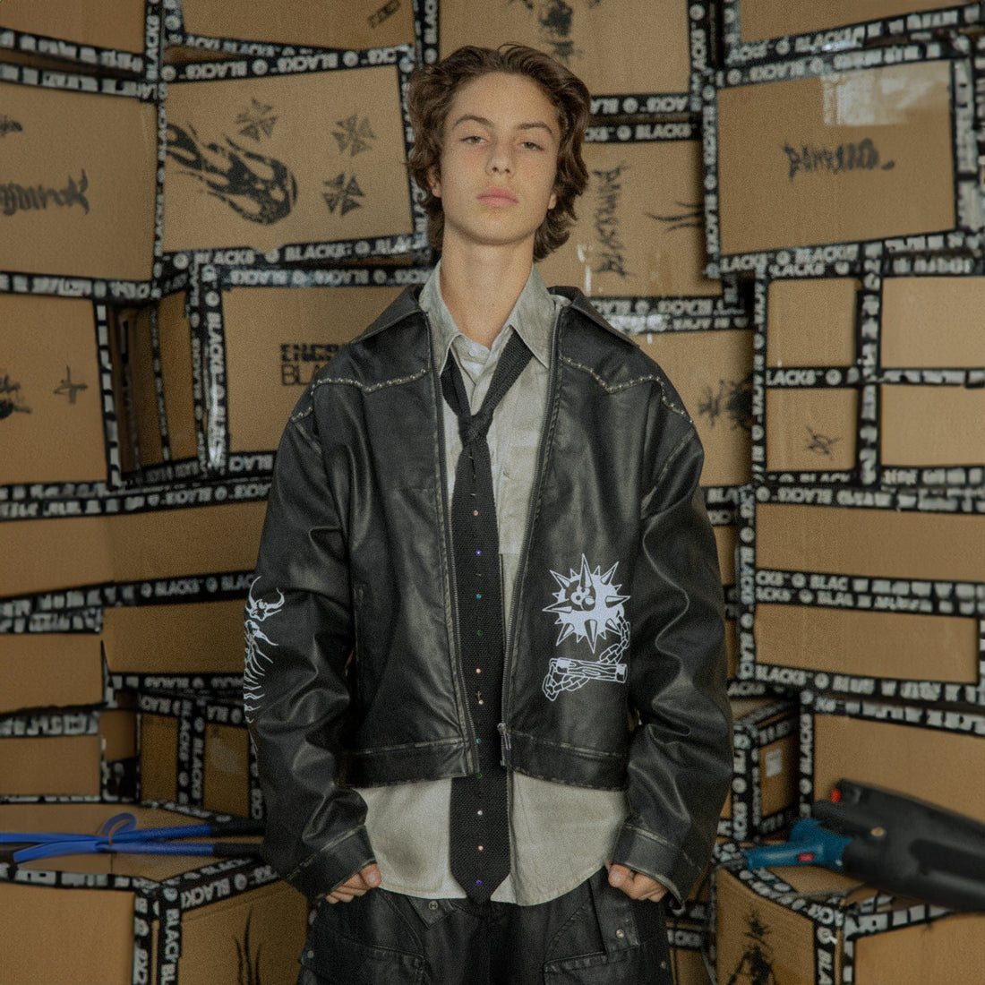 BLACK8MOB Distressed Graphics Faded Studded Leather Jacket-Jacket-S-Free Shipping Leatheretro