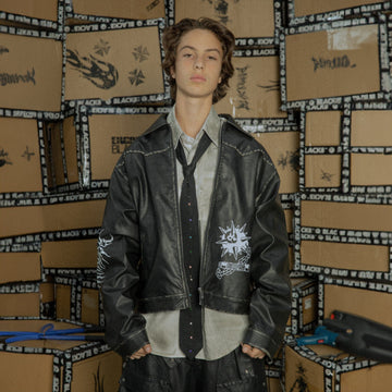 BLACK8MOB Distressed Graphics Faded Studded Leather Jacket-Jacket-S-Free Shipping Leatheretro