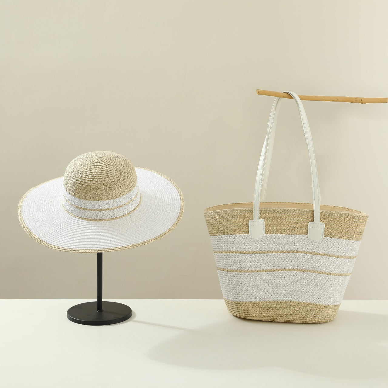 Handmade Designer Beach Straw Hat and Bag Set for Women-Tote Bag-Beige-Free Shipping Leatheretro