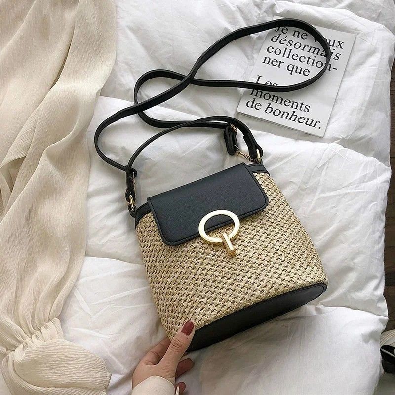 Beach Woven Bag for Women Trendy Korean Bucket Style-Handbags-Black-Free Shipping Leatheretro