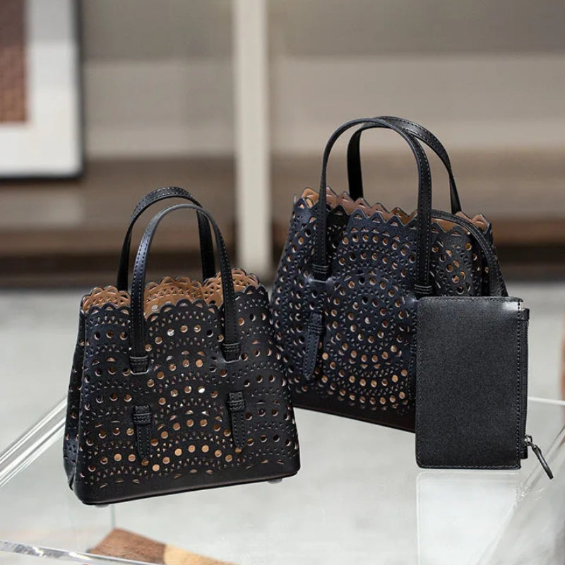 French Handmade Cowhide Leather Tote Bag - Vegetable Basket Versatile Handbag-Shopper Bag-Black-Width 18 cm * Height 16 cm * Depth 8.5 cm-Free Shipping Leatheretro