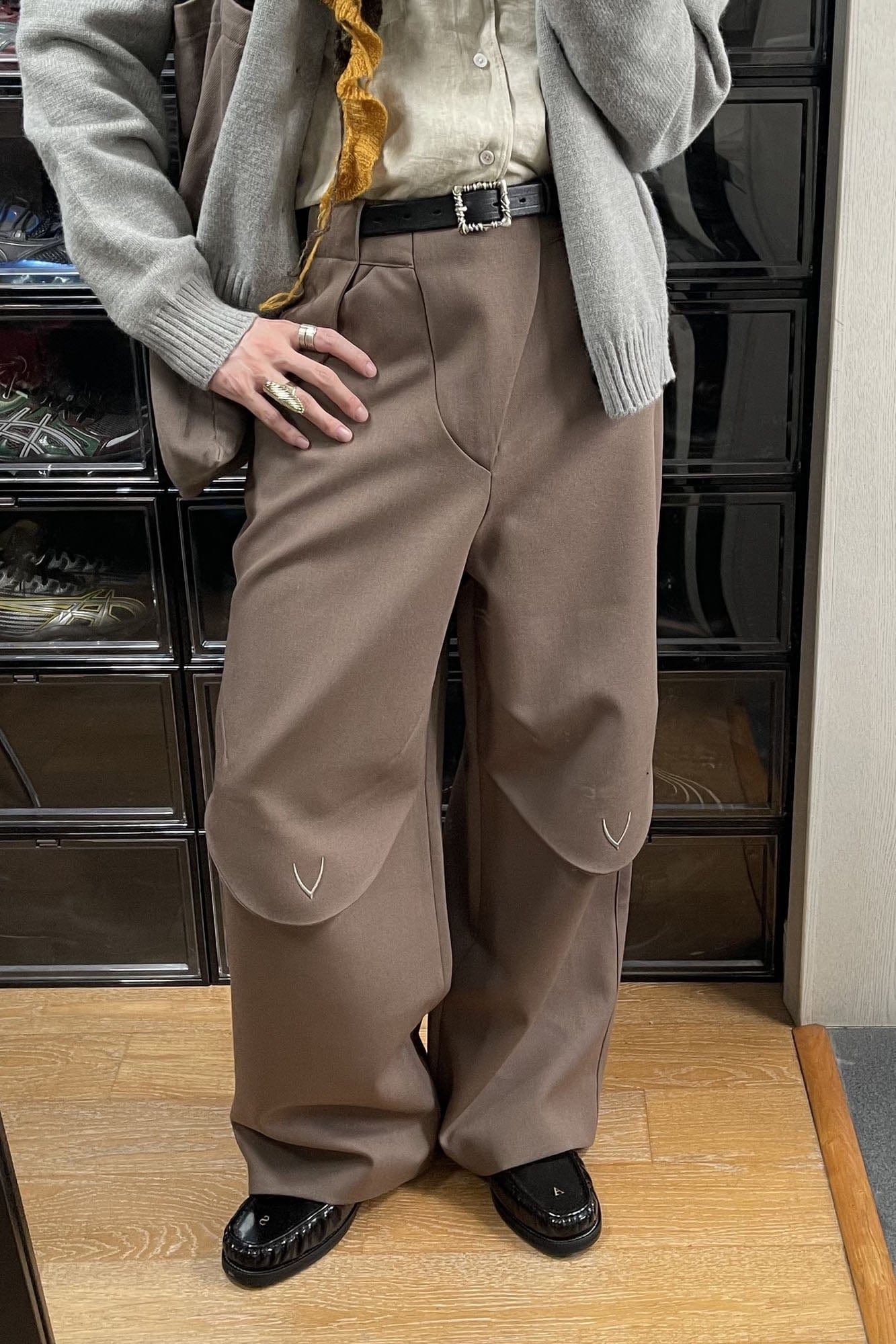 ESAIAS Layered Flap-Knee Wool-Blended Wide-Leg Trousers-Pants-S-Brown-Free Shipping Leatheretro