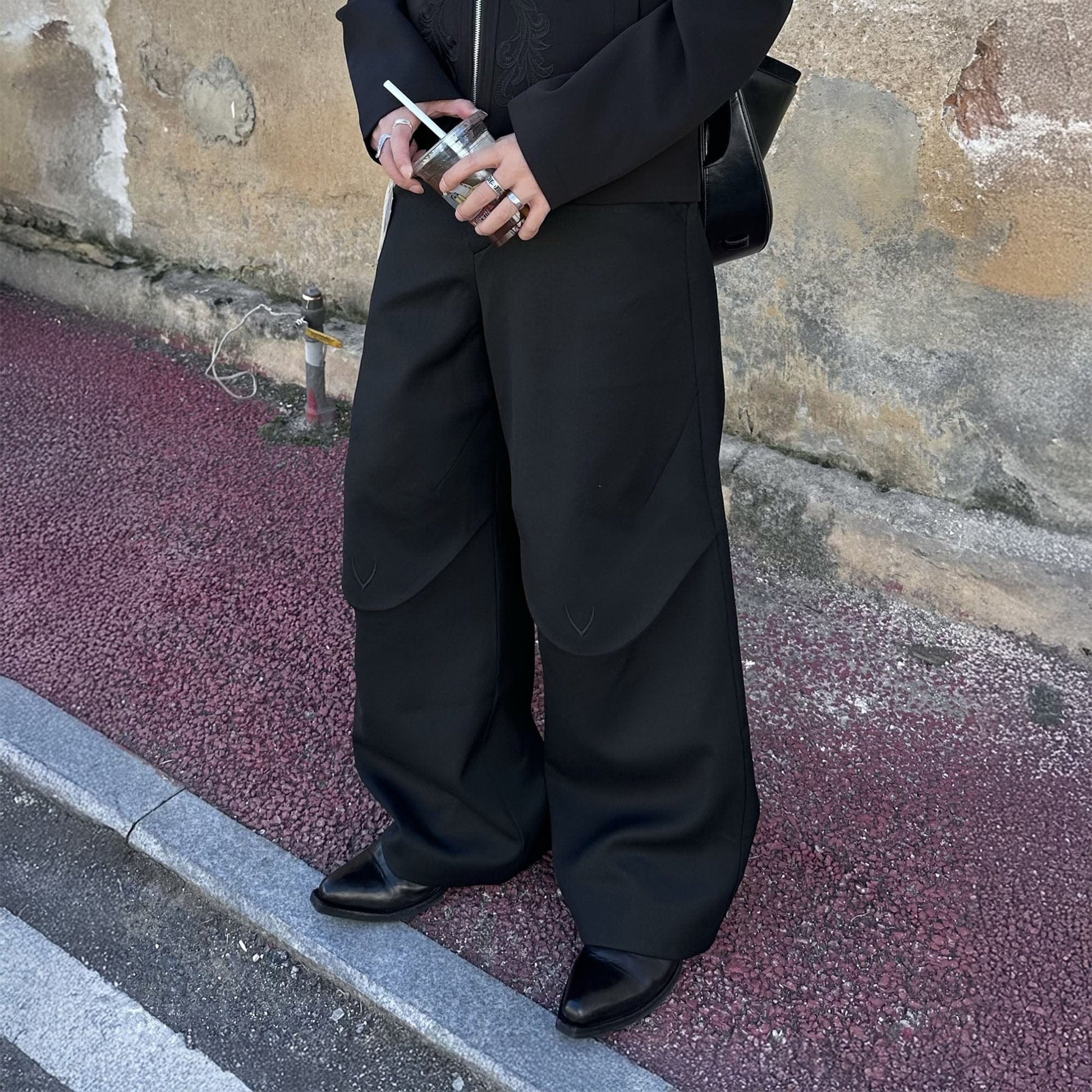 ESAIAS Layered Flap-Knee Wool-Blended Wide-Leg Trousers-Pants-S-Black-Free Shipping Leatheretro