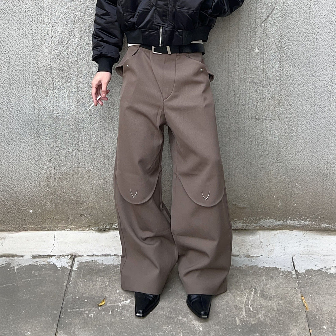 ESAIAS Layered Flap-Knee Wool-Blended Wide-Leg Trousers-Pants-S-Brown-Free Shipping Leatheretro