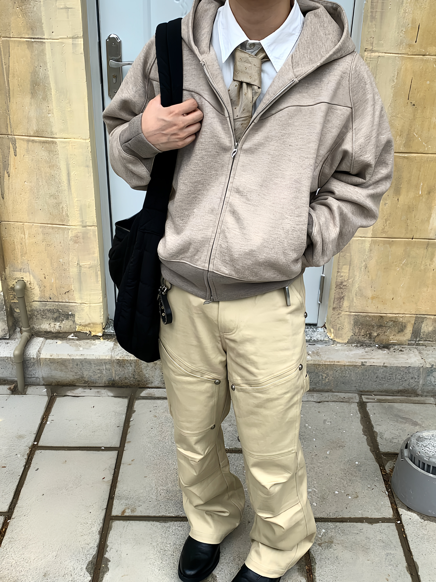 ESAIAS Wool Blend Panel Boxy Hooded Jacket-Jacket-S-Apricot-Free Shipping Leatheretro