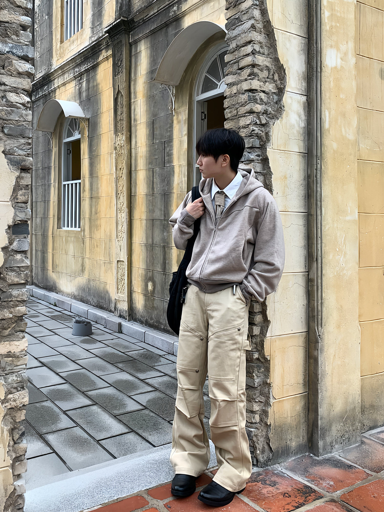 ESAIAS Wool Blend Panel Boxy Hooded Jacket-Jacket-S-Apricot-Free Shipping Leatheretro