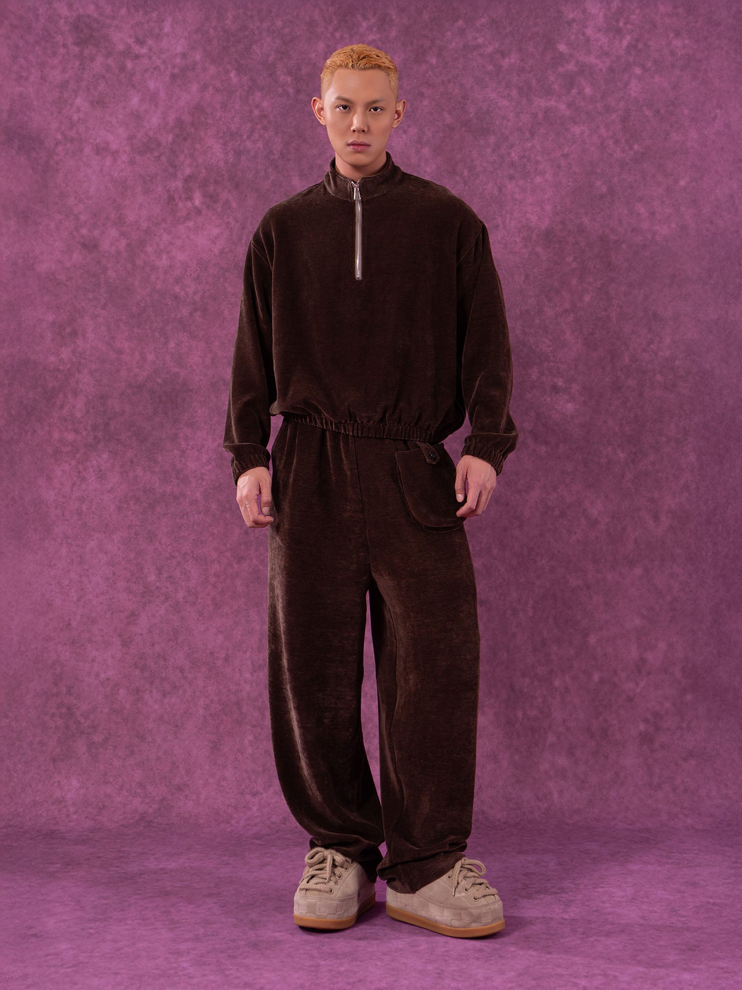 CLP Corduroy Elastic-Hem Half-Zip Pullover-Sweatshirt-M-Coffee-Free Shipping Leatheretro