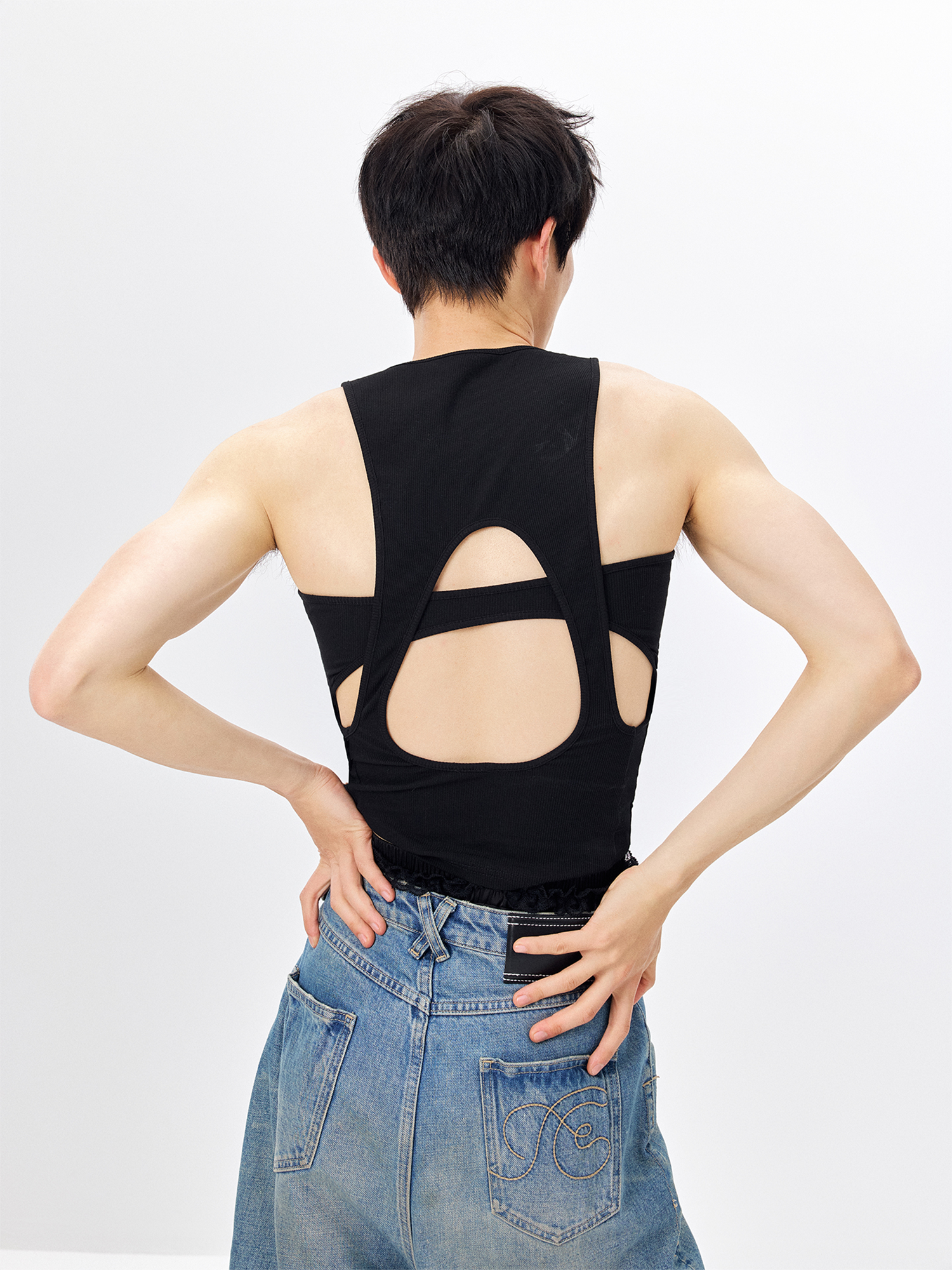 TUIMU Back Cut-Out Ribbed Tank Top Black-Tank Top-One Size-Free Shipping Leatheretro