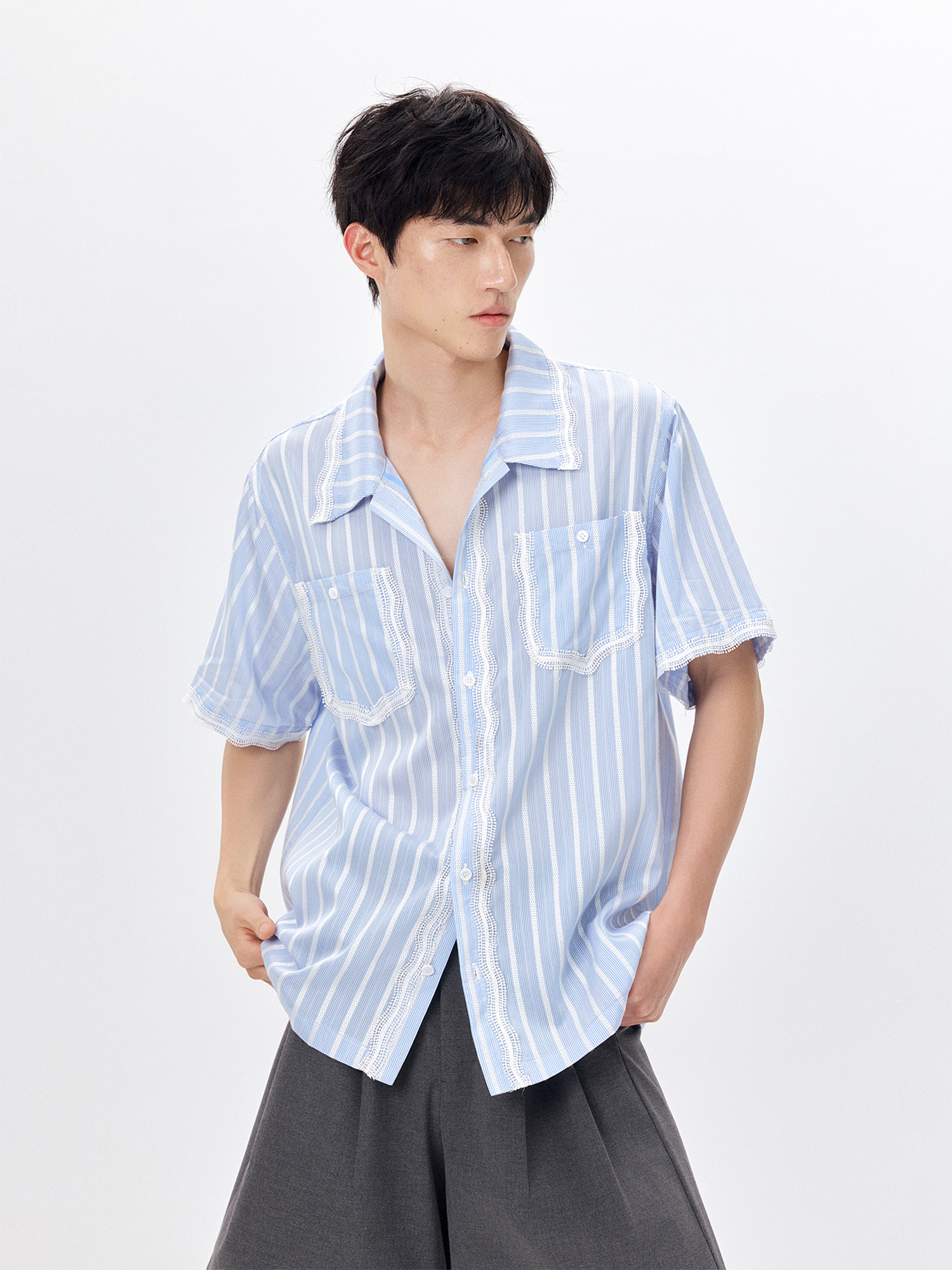TUIMU Lace-Trim Striped Shirt-Half shirt-S-Free Shipping Leatheretro