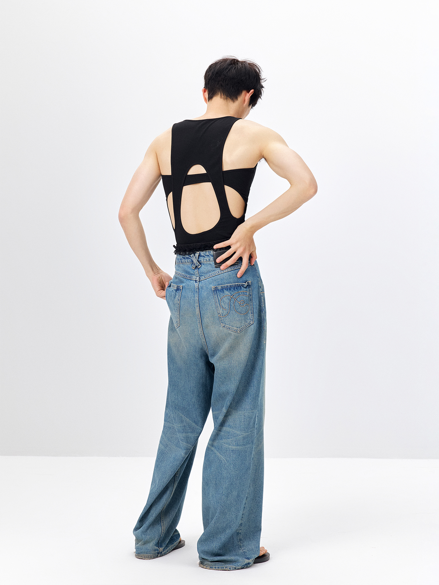 TUIMU Back Cut-Out Ribbed Tank Top Black-Tank Top-One Size-Free Shipping Leatheretro