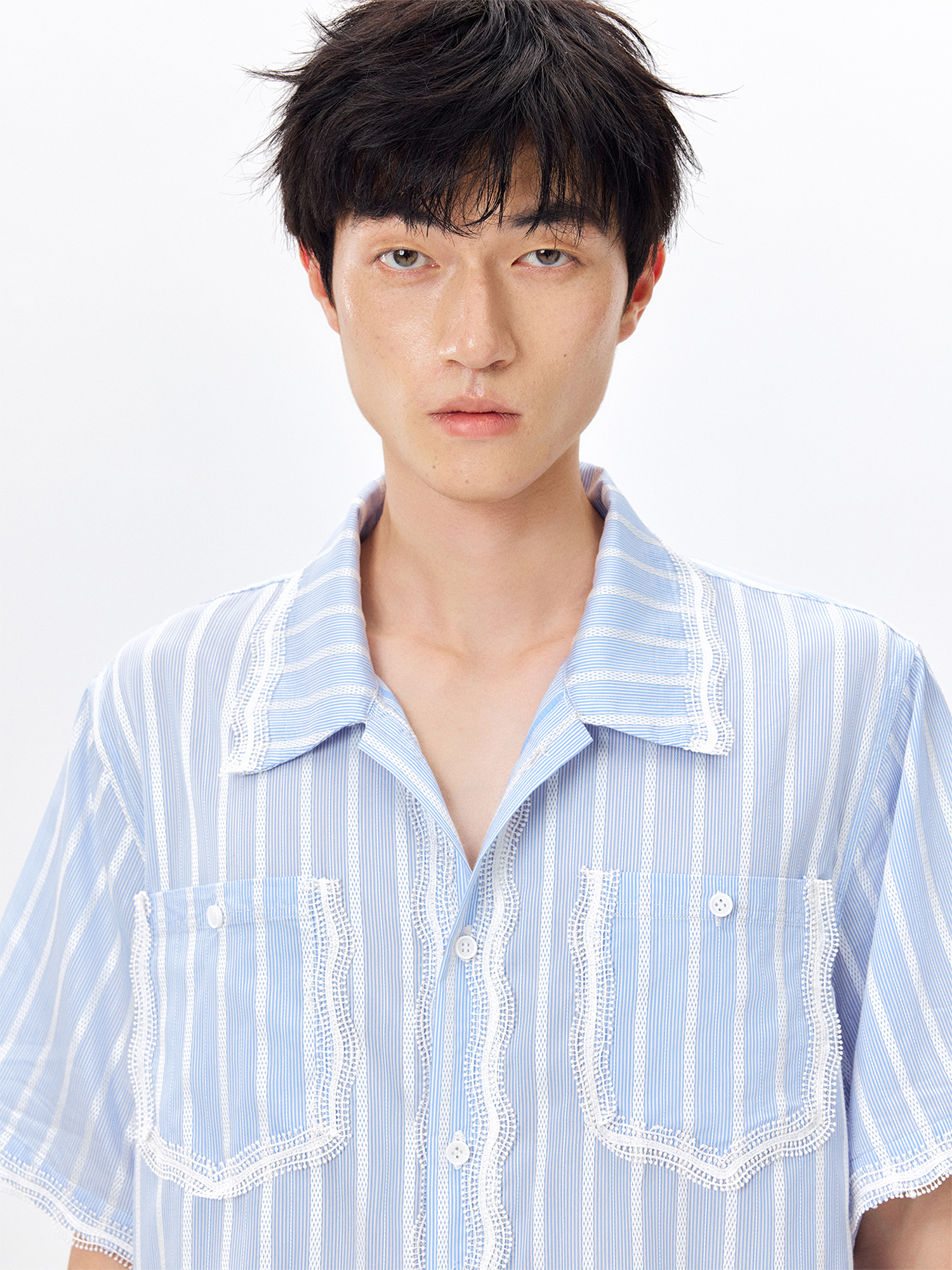TUIMU Lace-Trim Striped Shirt-Half shirt-S-Free Shipping Leatheretro