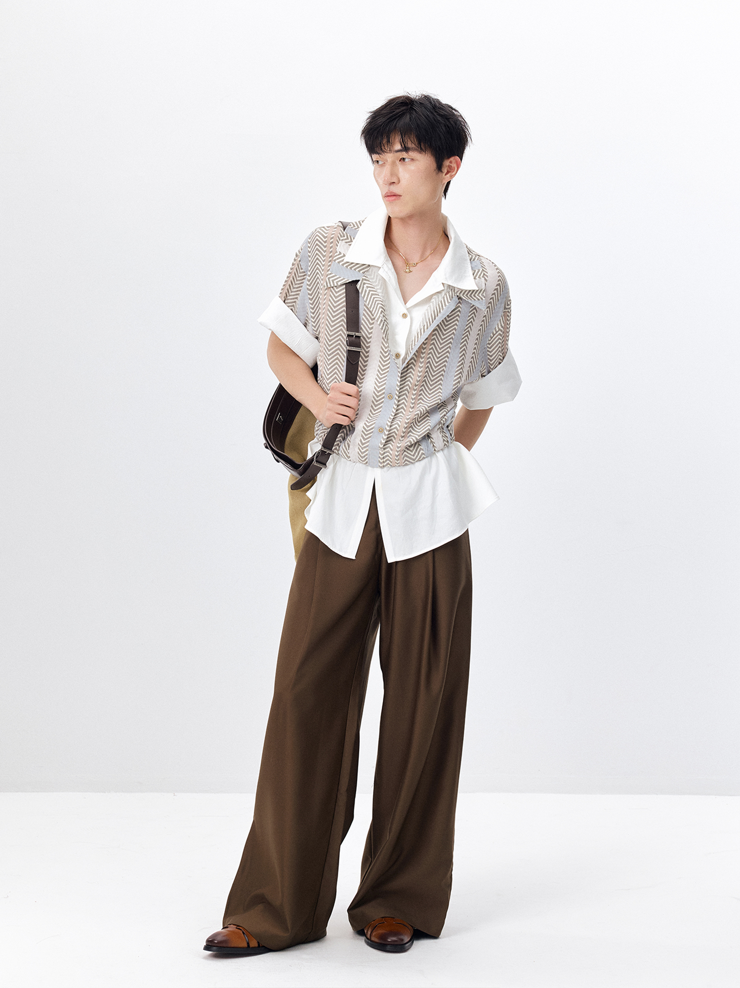 TUIMU Layered Camp Collar Striped Shirt-Half shirt-S (Preorder)-Free Shipping Leatheretro
