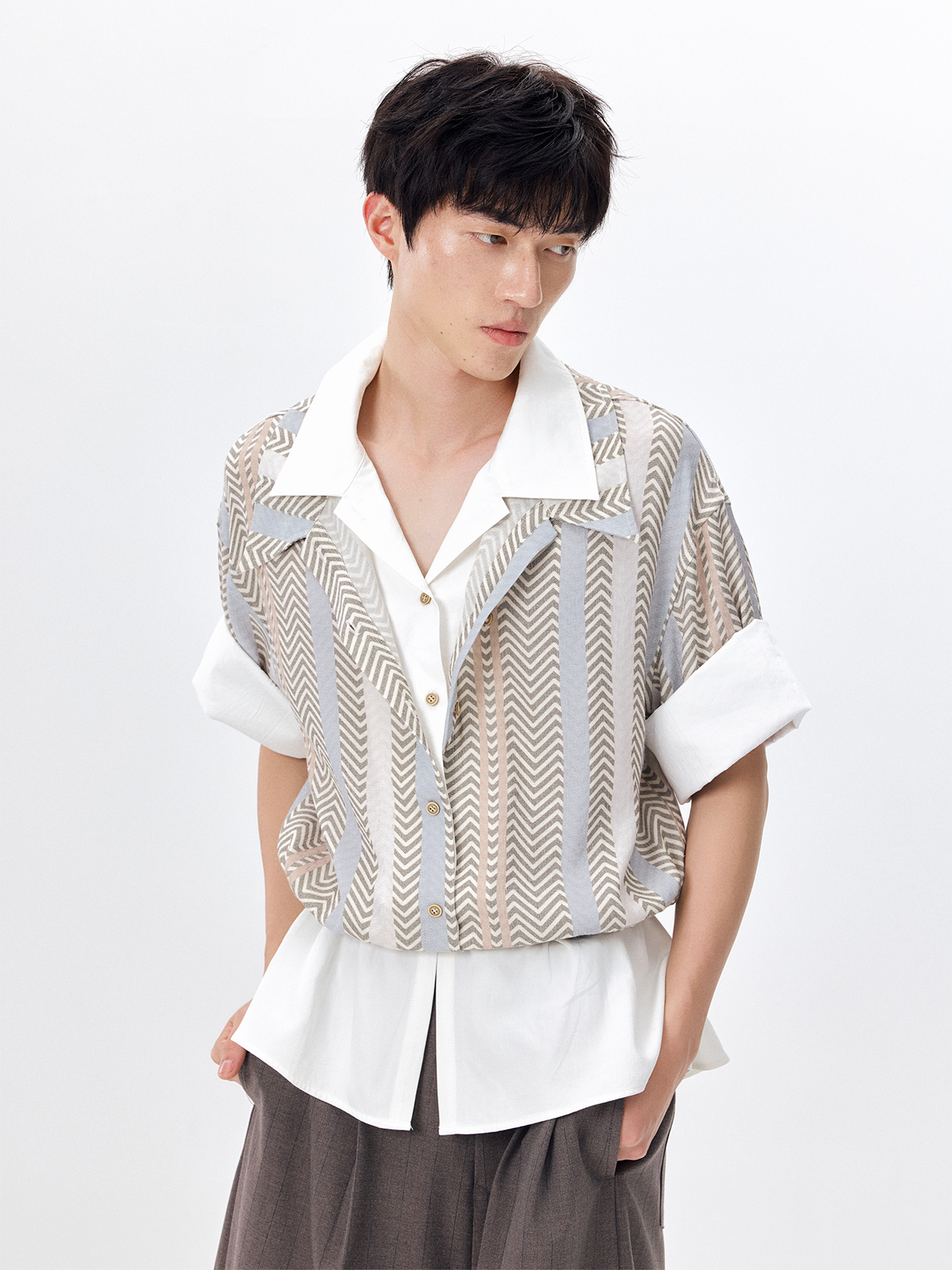 TUIMU Layered Camp Collar Striped Shirt-Half shirt-S (Preorder)-Free Shipping Leatheretro