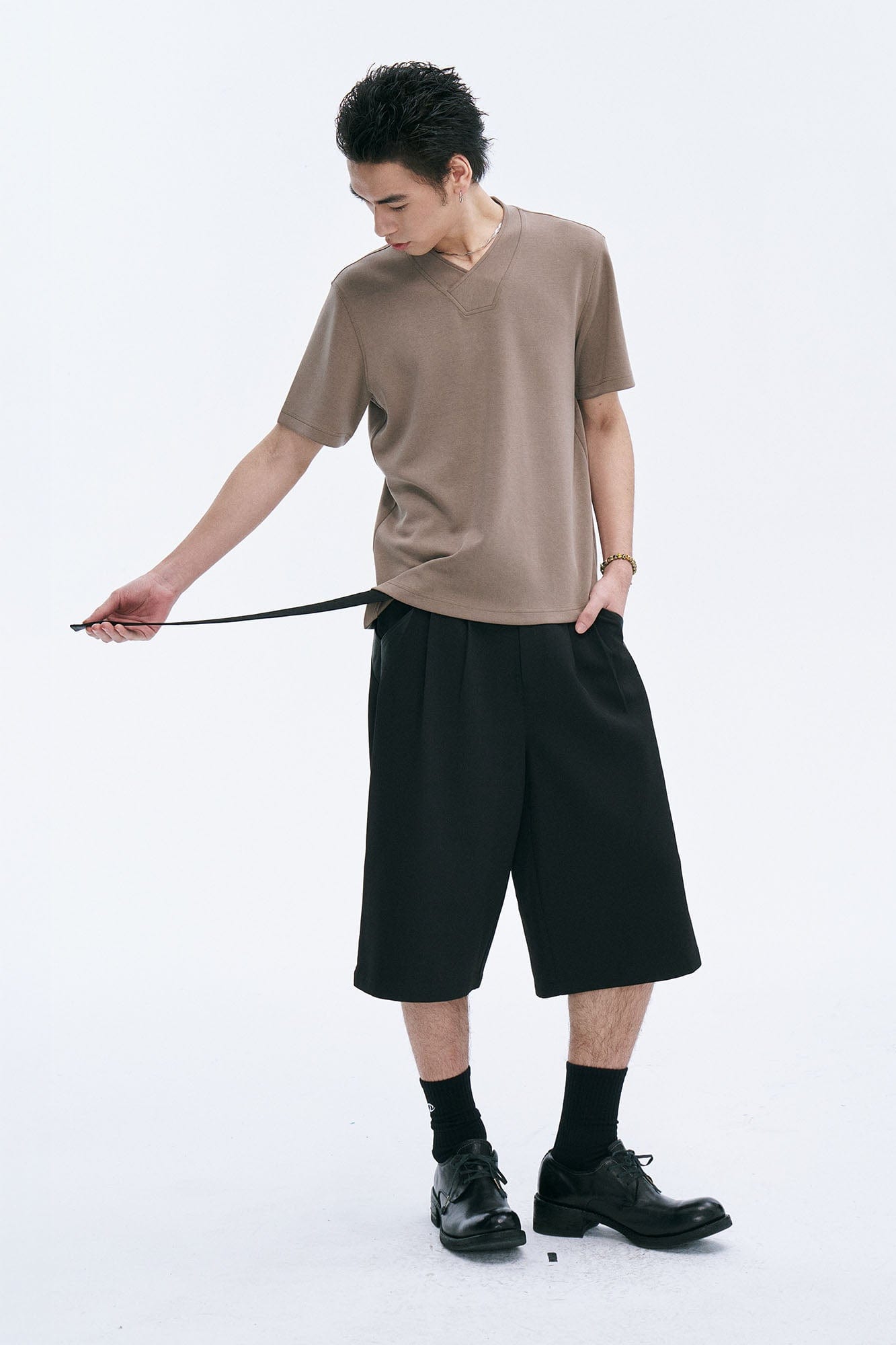 CATSSTAC Pleated Belted Wide-Leg Shorts-Shorts-M-Gray-Free Shipping Leatheretro