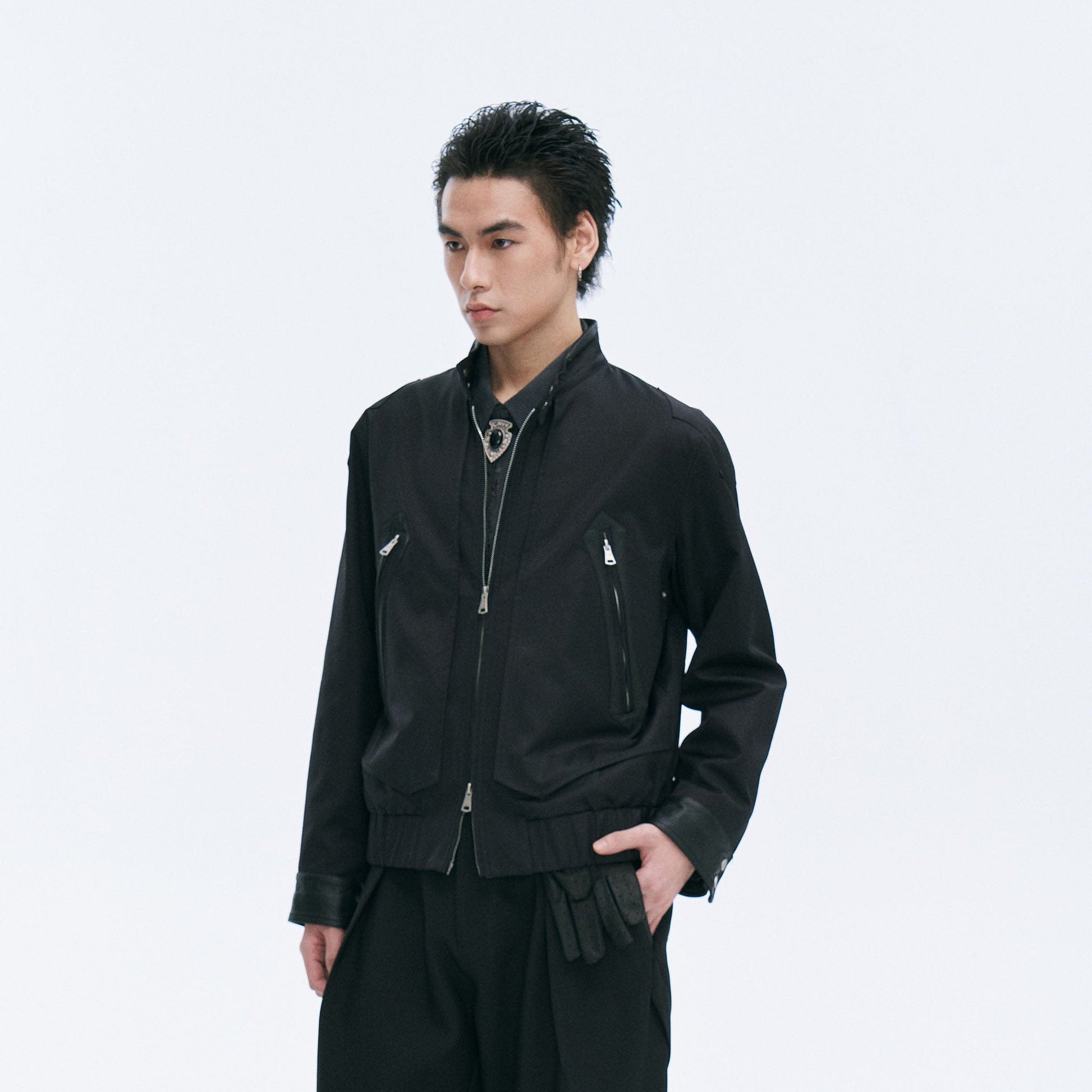 CATSSTAC Leather Panel Stand Collar Jacket-Jacket-M-Free Shipping Leatheretro