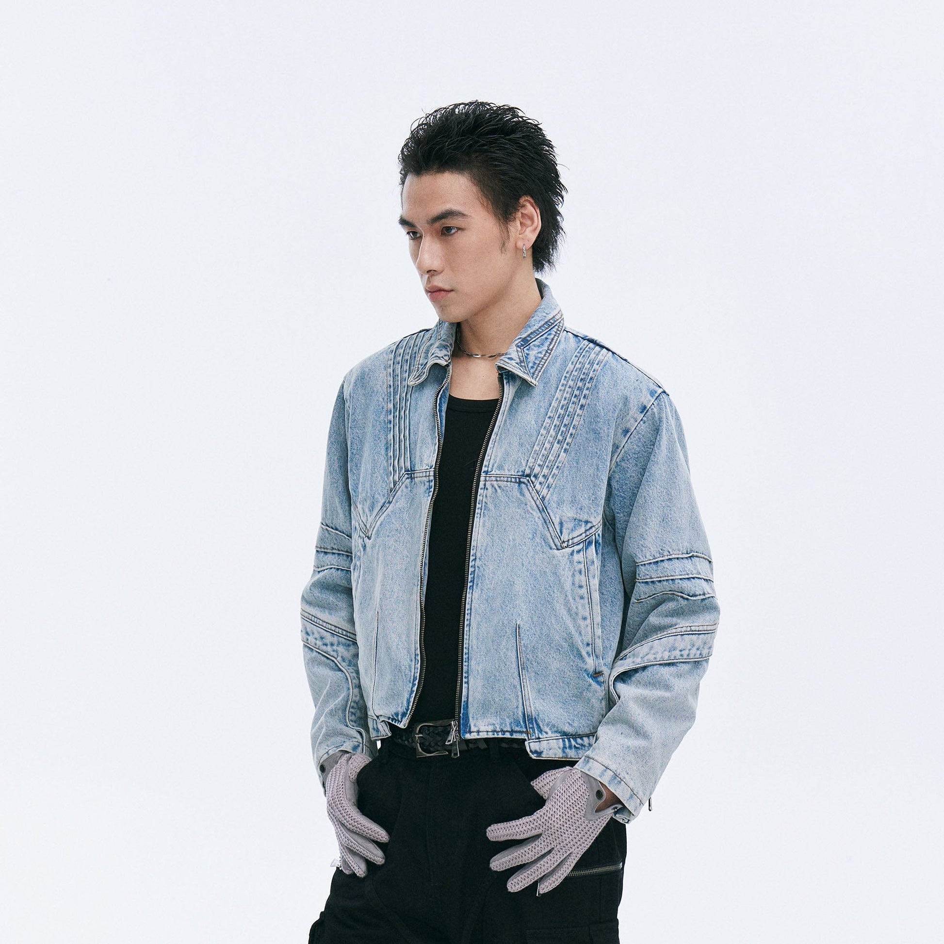 CATSSTAC Washed Paneled Seam Denim Jacket-Jacket-M-Blue-Free Shipping Leatheretro