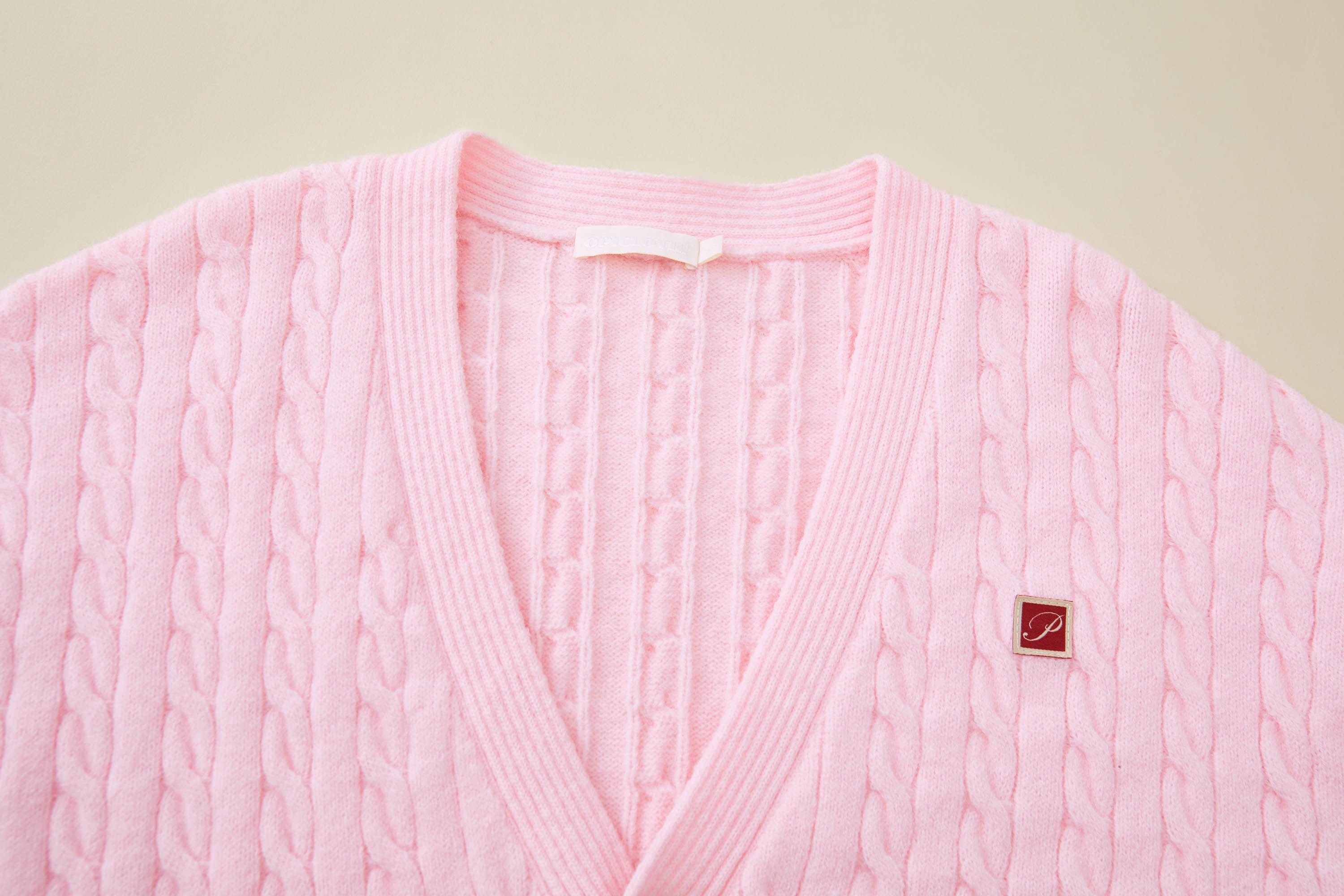 OPICLOTH Cable-Knit V-Neck Button-Up Cardigan-Jacket-XS-Pink-Free Shipping Leatheretro
