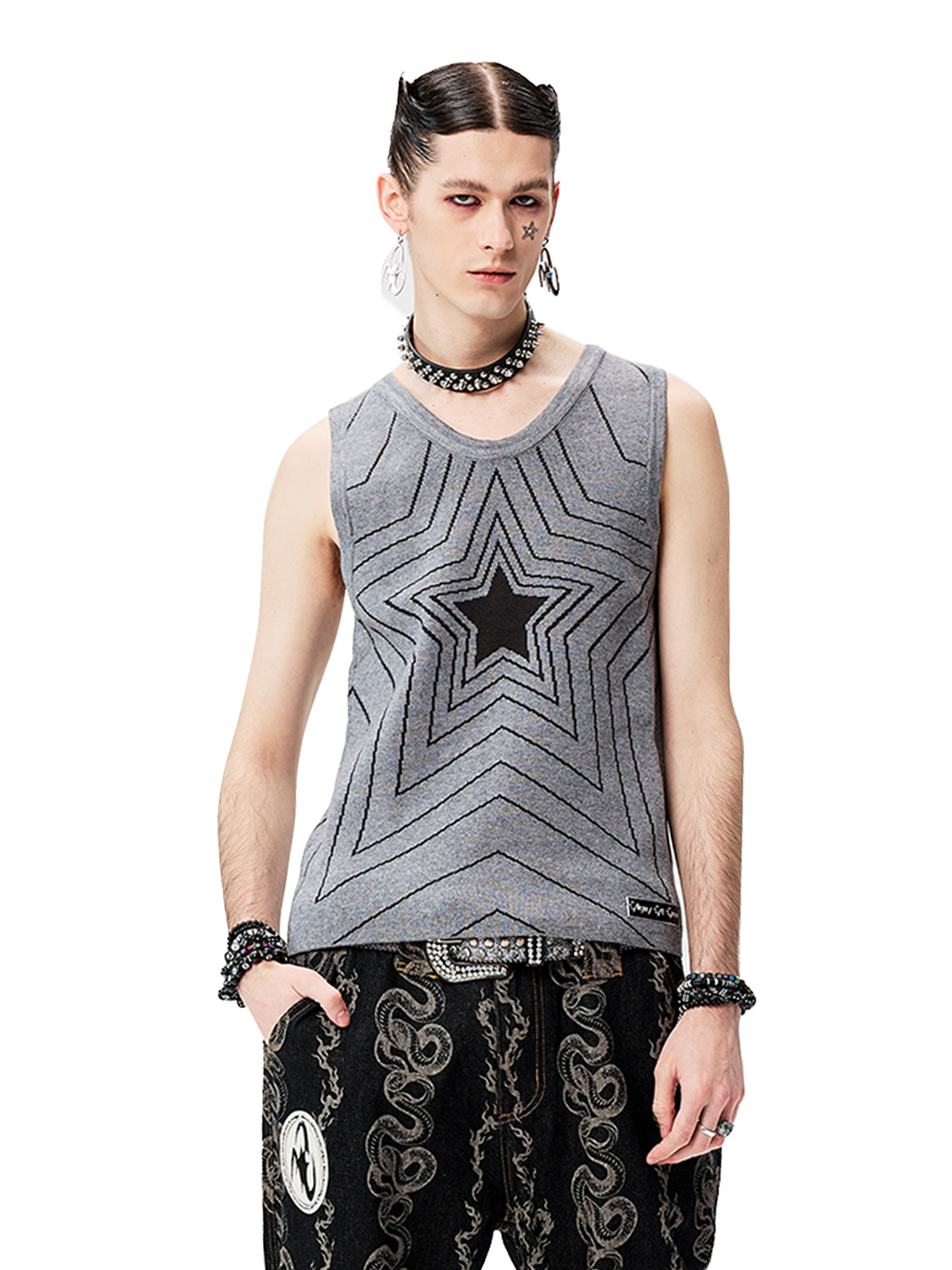 CYCYCY Retro Star Intarsia Knit Vest-Vest-S-Gray-Free Shipping Leatheretro
