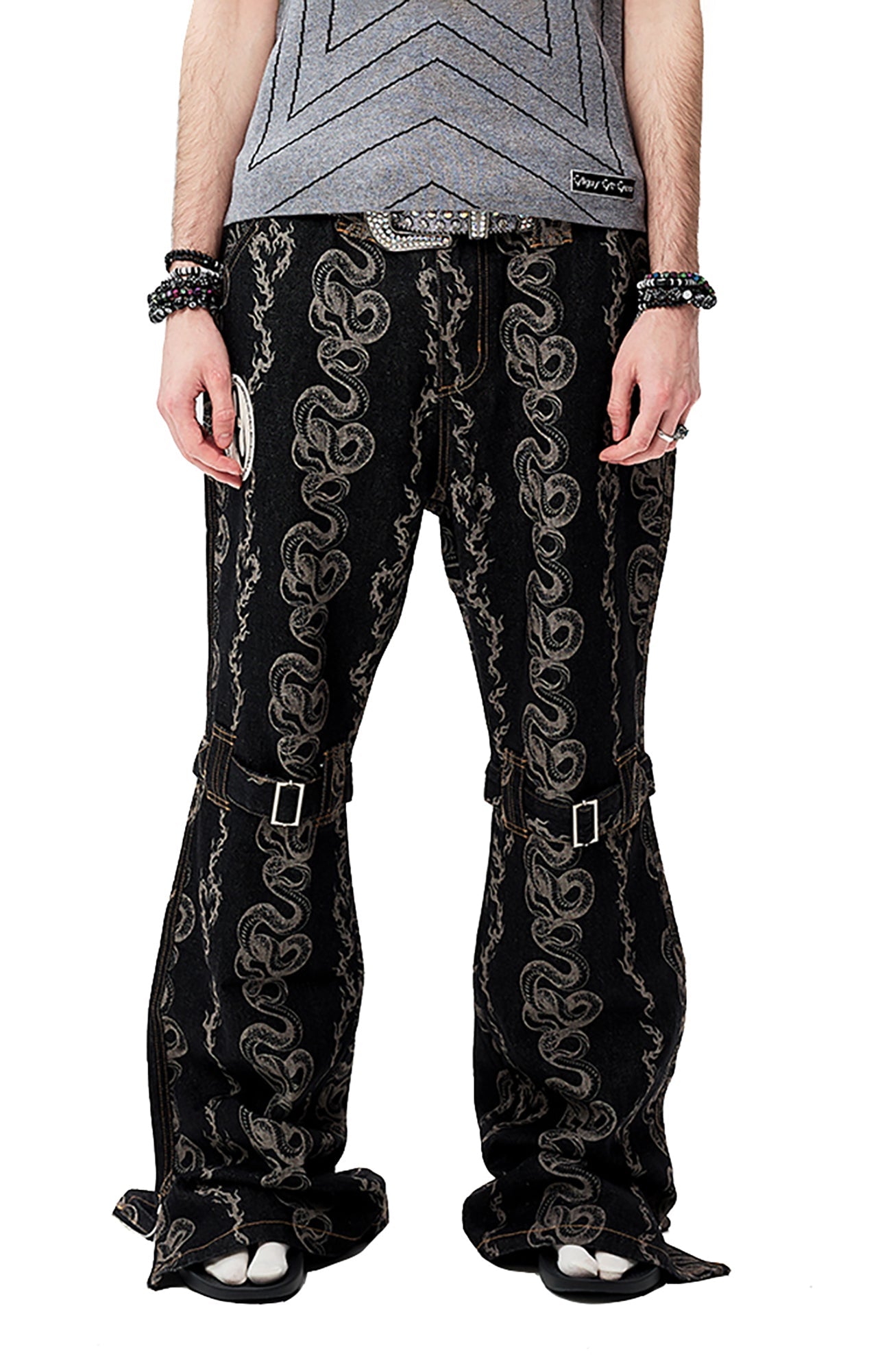 CYCYCY Serpentine Strap Buckled Flared Jeans-Jeans-XS (Preorder) / 28"-Free Shipping Leatheretro