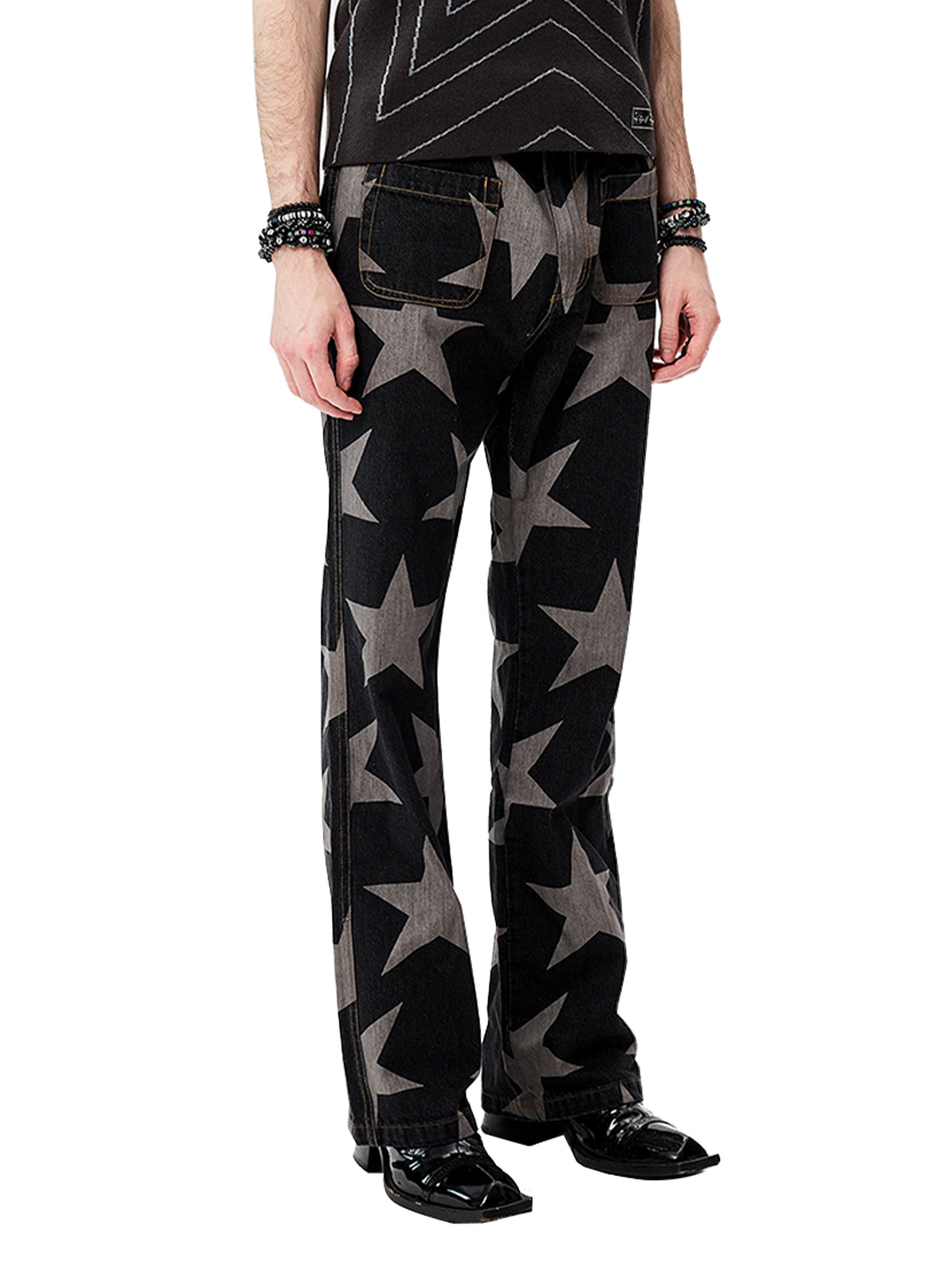 CYCYCY Punk Washed Star Full-Print Flared Jeans-Jeans-XS / 28"-Free Shipping Leatheretro