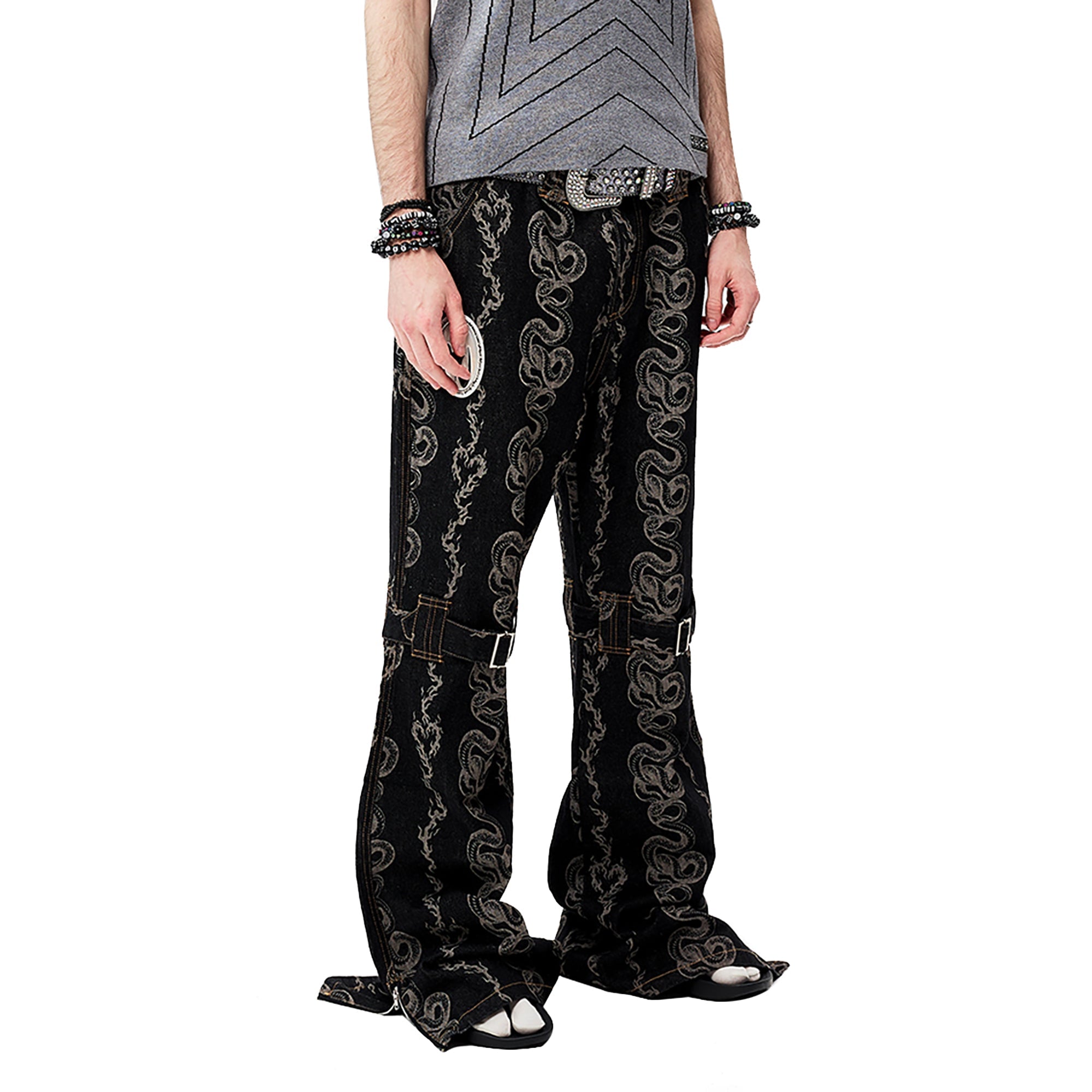 CYCYCY Serpentine Strap Buckled Flared Jeans-Jeans-XS (Preorder) / 28"-Free Shipping Leatheretro