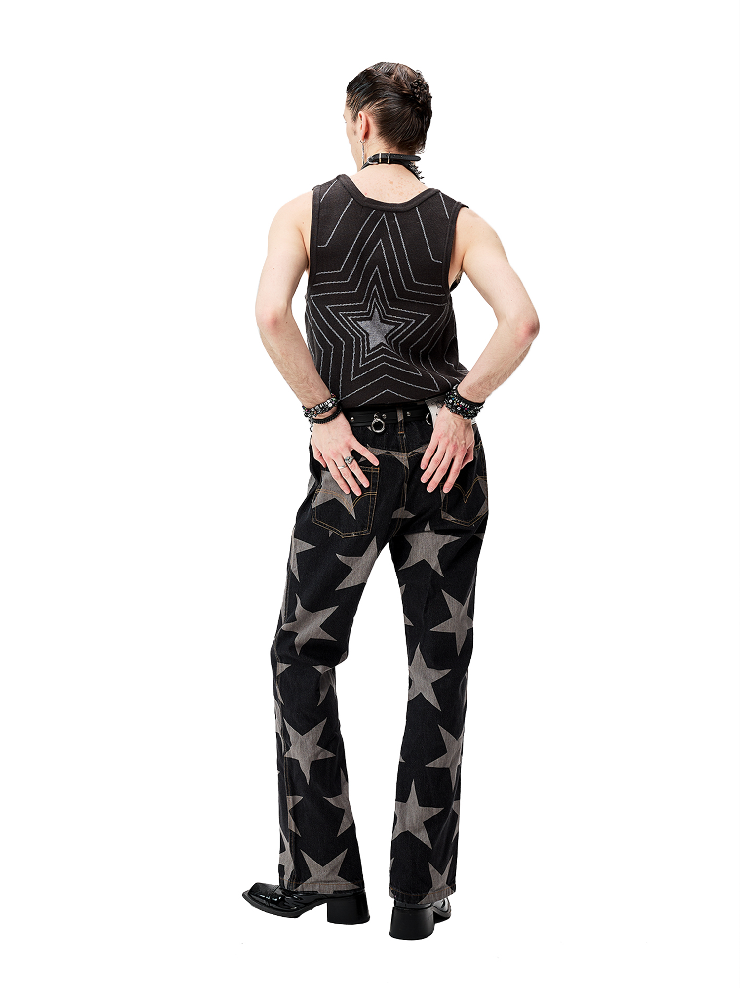 CYCYCY Punk Washed Star Full-Print Flared Jeans-Jeans-XS / 28"-Free Shipping Leatheretro