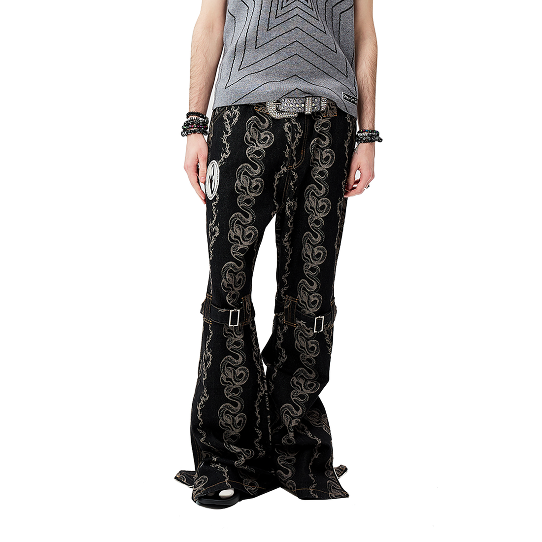 CYCYCY Serpentine Strap Buckled Flared Jeans-Jeans-XS (Preorder) / 28"-Free Shipping Leatheretro
