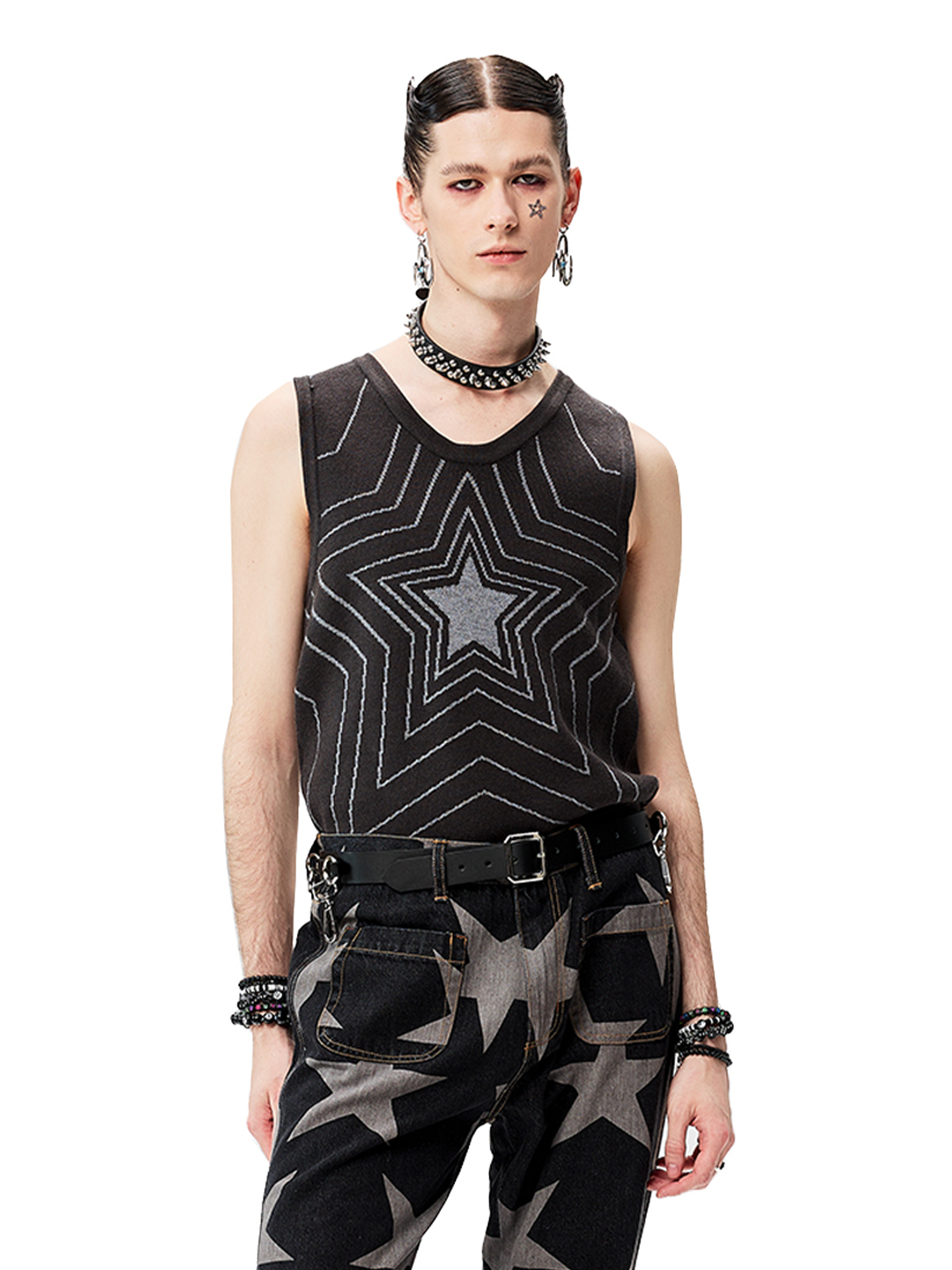 CYCYCY Retro Star Intarsia Knit Vest-Vest-S-Gray-Free Shipping Leatheretro