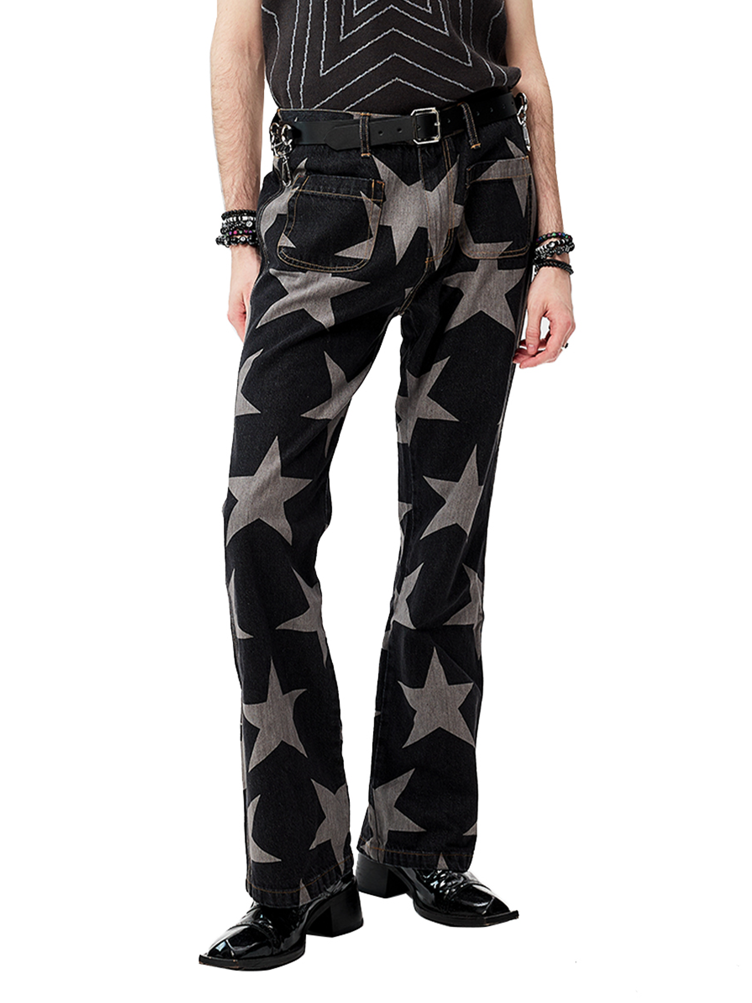 CYCYCY Punk Washed Star Full-Print Flared Jeans-Jeans-XS / 28"-Free Shipping Leatheretro