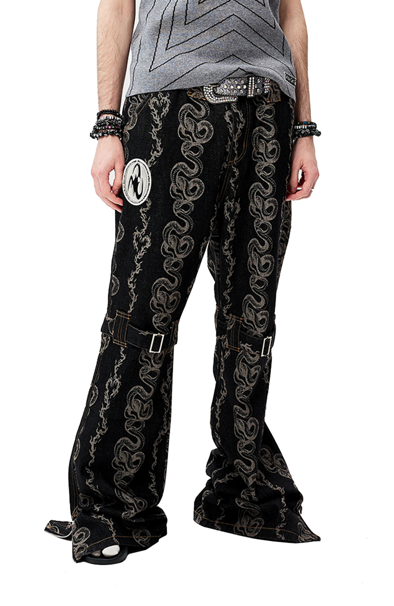 CYCYCY Serpentine Strap Buckled Flared Jeans-Jeans-XS (Preorder) / 28"-Free Shipping Leatheretro
