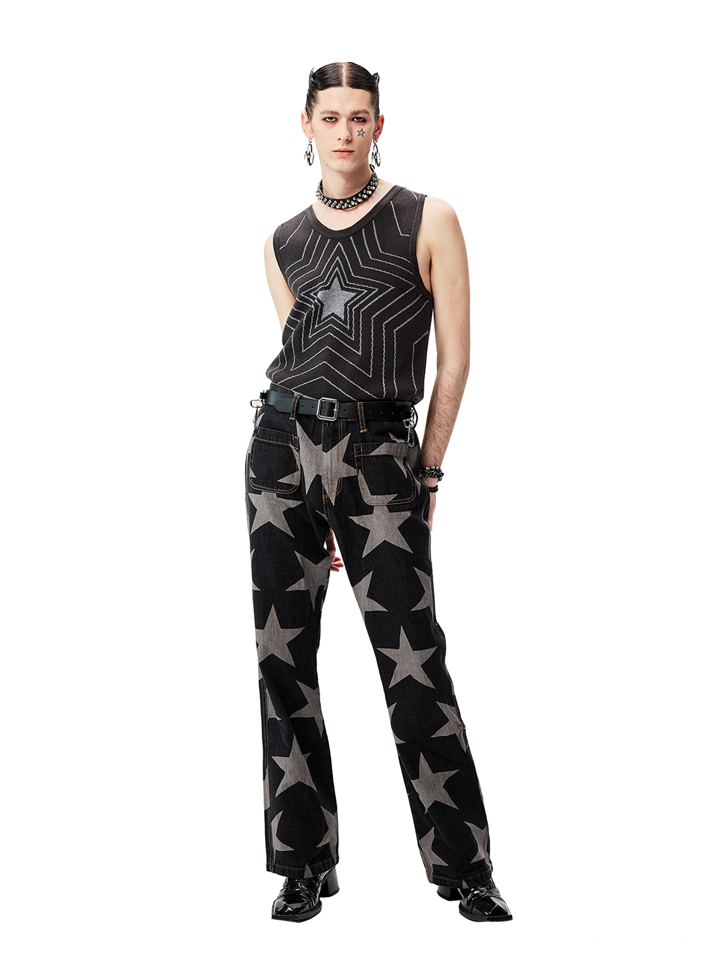 CYCYCY Punk Washed Star Full-Print Flared Jeans-Jeans-XS / 28"-Free Shipping Leatheretro