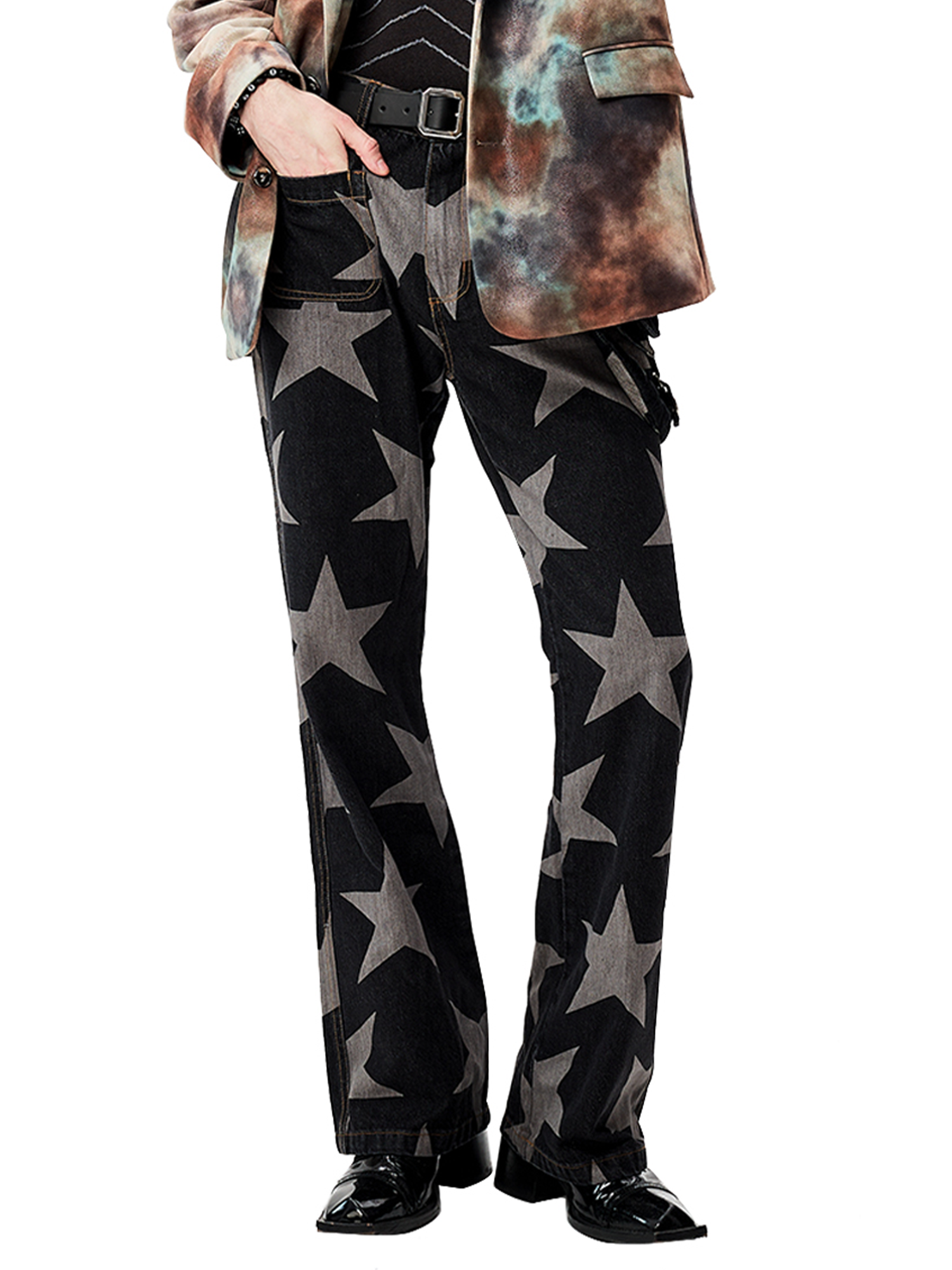 CYCYCY Punk Washed Star Full-Print Flared Jeans-Jeans-XS / 28"-Free Shipping Leatheretro