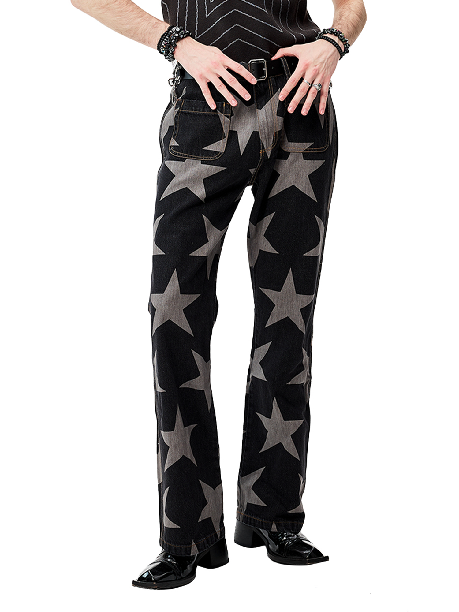 CYCYCY Punk Washed Star Full-Print Flared Jeans-Jeans-XS / 28"-Free Shipping Leatheretro