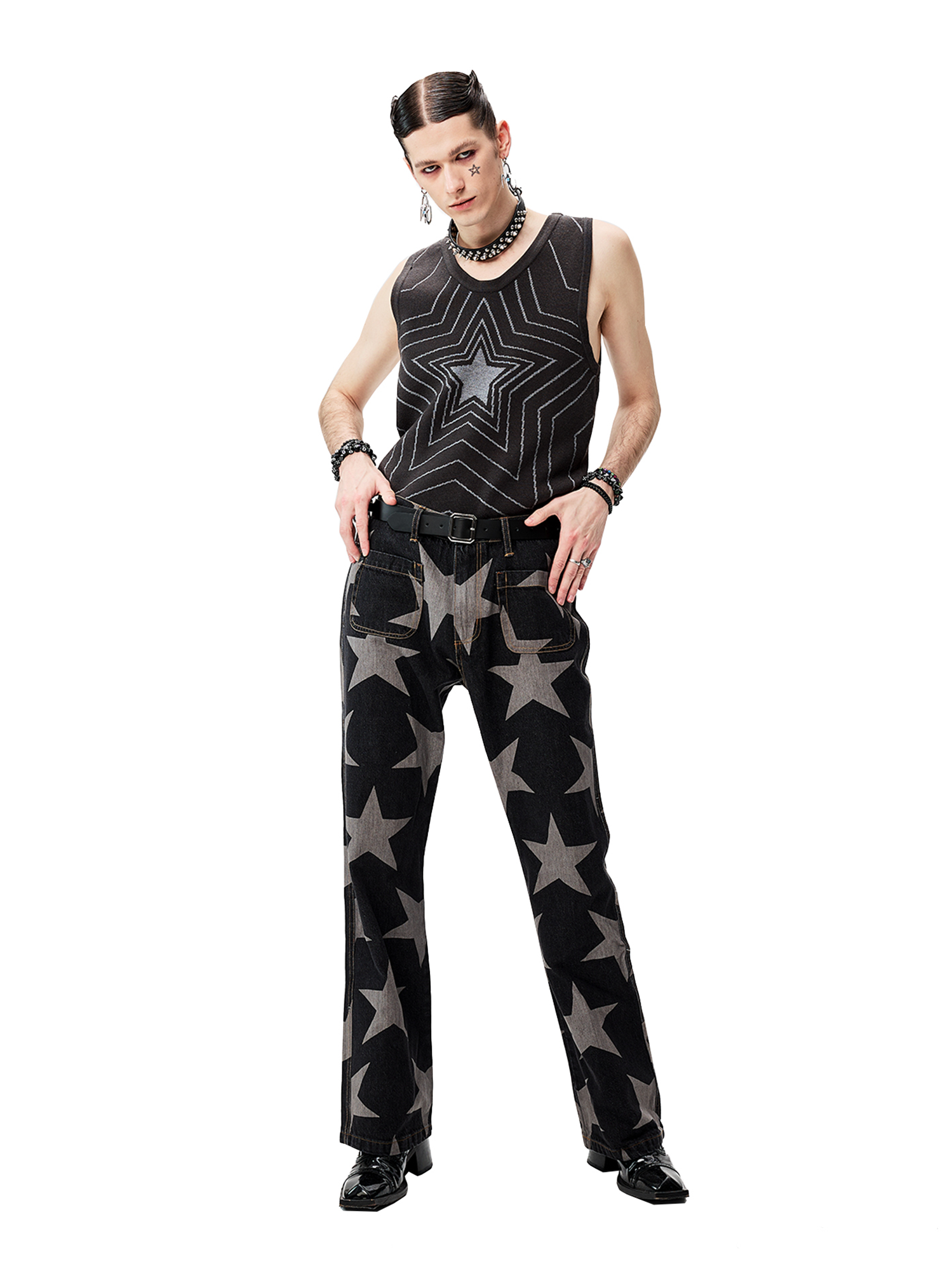 CYCYCY Punk Washed Star Full-Print Flared Jeans-Jeans-XS / 28"-Free Shipping Leatheretro