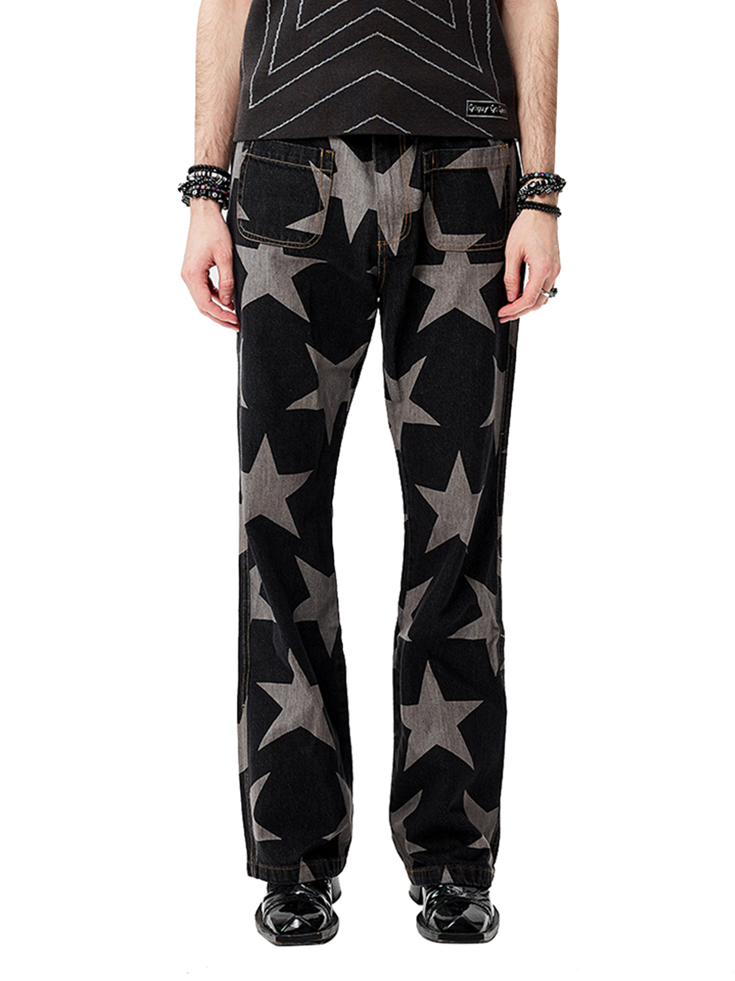 CYCYCY Punk Washed Star Full-Print Flared Jeans-Jeans-XS / 28"-Free Shipping Leatheretro