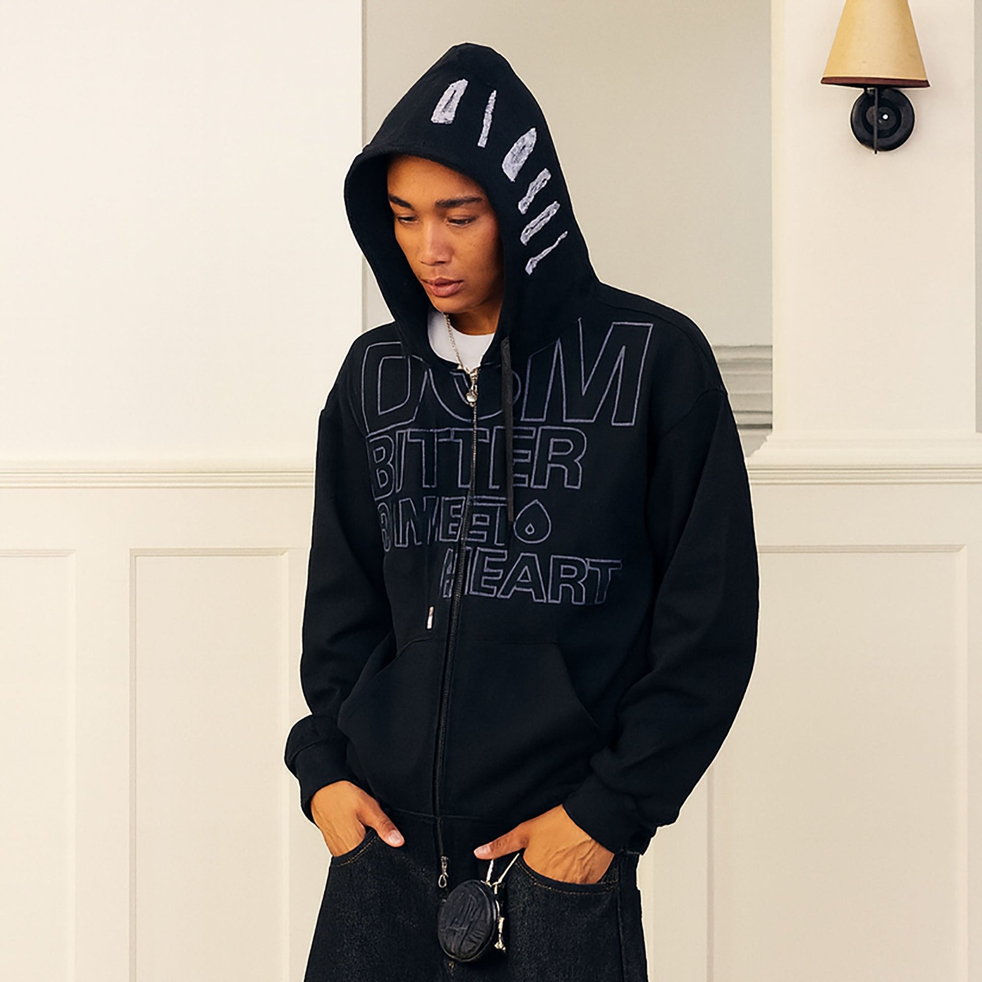 DONSMOKE Hairclip Graphic Double-Zip Hooded Jacket-Jacket-S-White-Free Shipping Leatheretro