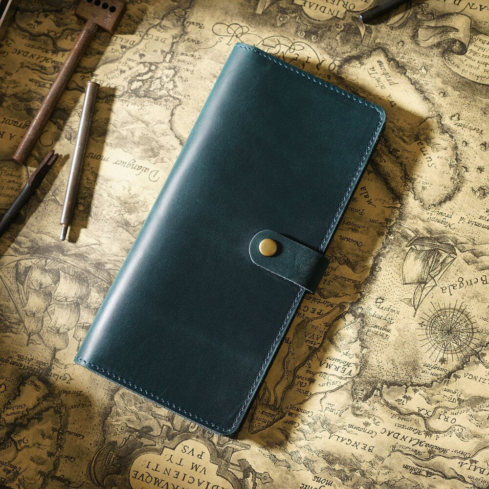 Crazy Horse Cowhide Long Wallet-Wallets & Money Clips-Blue-Free Shipping Leatheretro