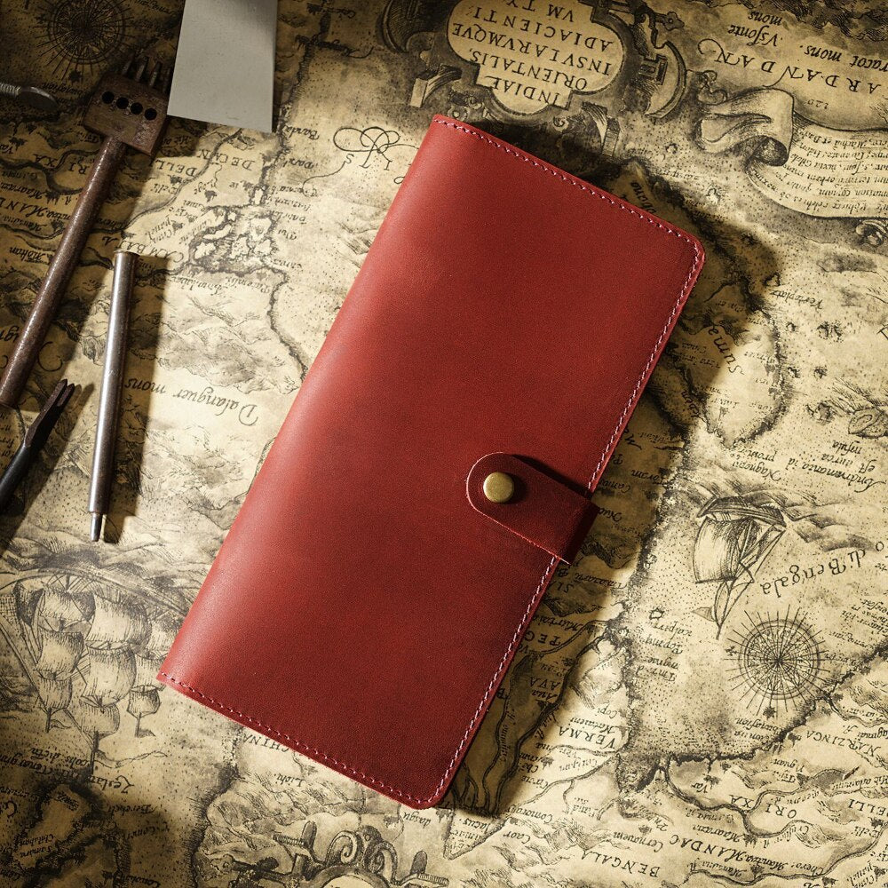 Crazy Horse Cowhide Long Wallet-Wallets & Money Clips-Wine red-Free Shipping Leatheretro