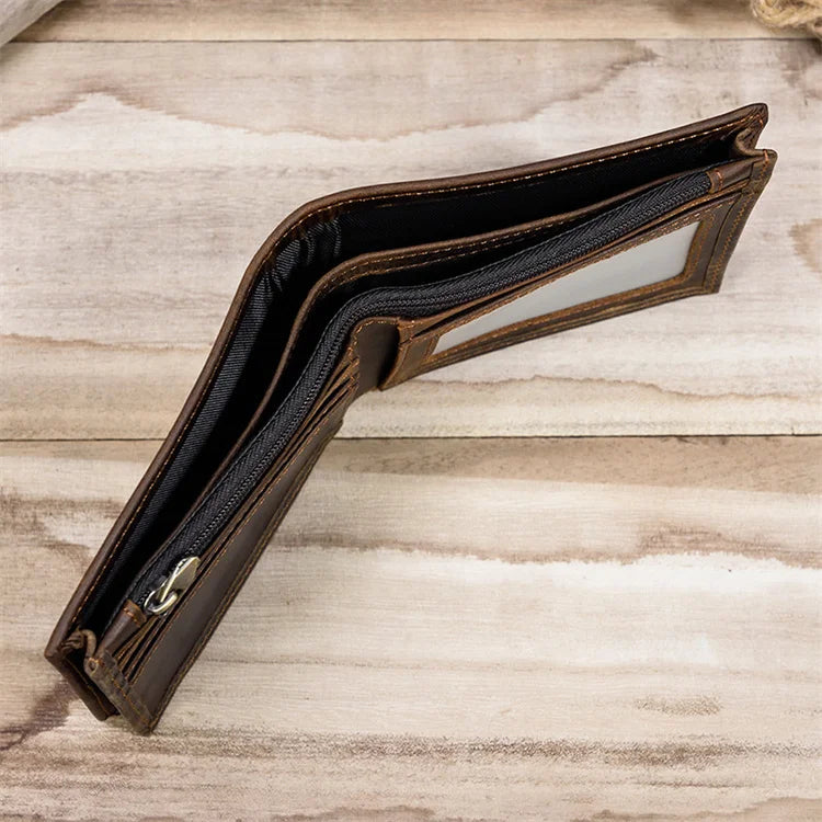 Crazy Horse Leather Horizontal Wallet - Genuine Cowhide Coin Purse-Wallets & Money Clips-Dark Brown-Free Shipping Leatheretro