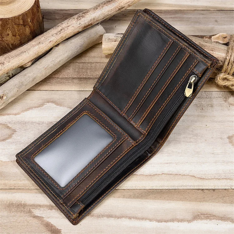 Crazy Horse Leather Horizontal Wallet - Genuine Cowhide Coin Purse-Wallets & Money Clips-Dark Brown-Free Shipping Leatheretro