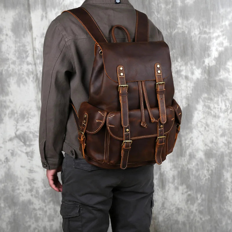 Crazy Horse Leather Men's Backpack-Backpacks-Brown-Free Shipping Leatheretro