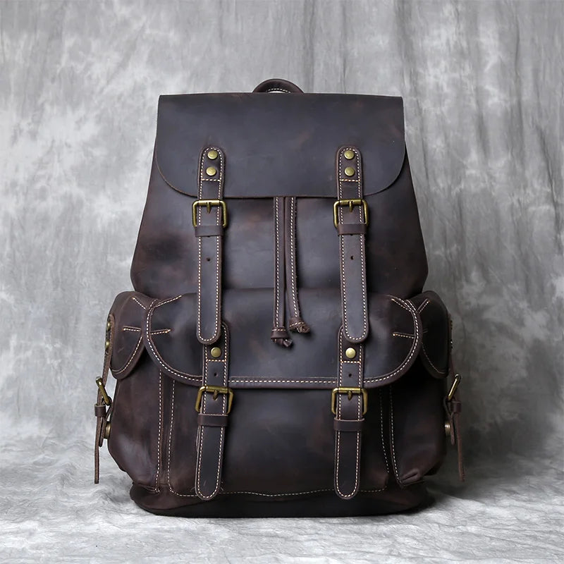 Crazy Horse Leather Men's Backpack-Backpacks-Dark Brown-Free Shipping Leatheretro